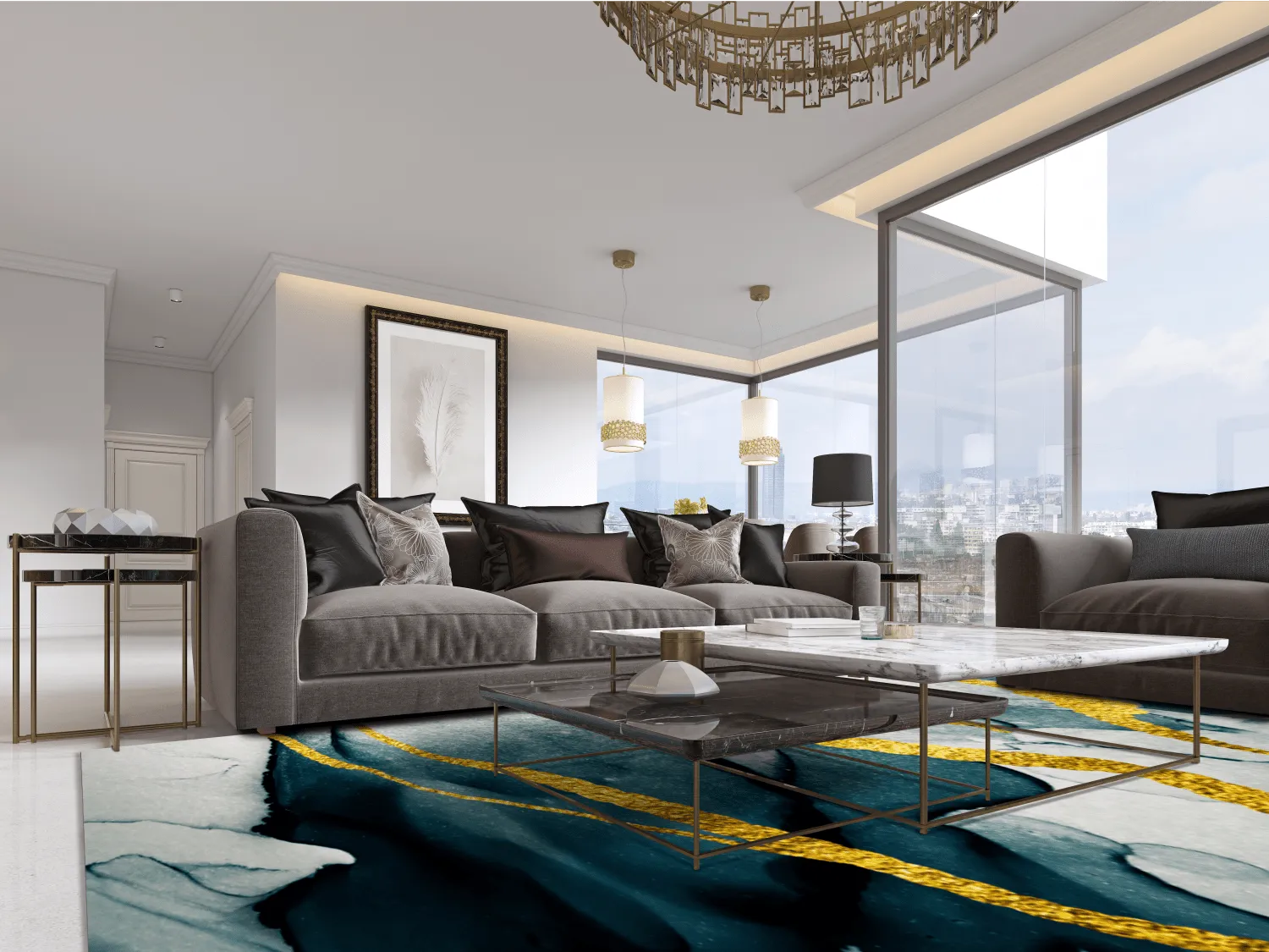 Tapete Wilton - Alvaro (azul/branco/dourado)