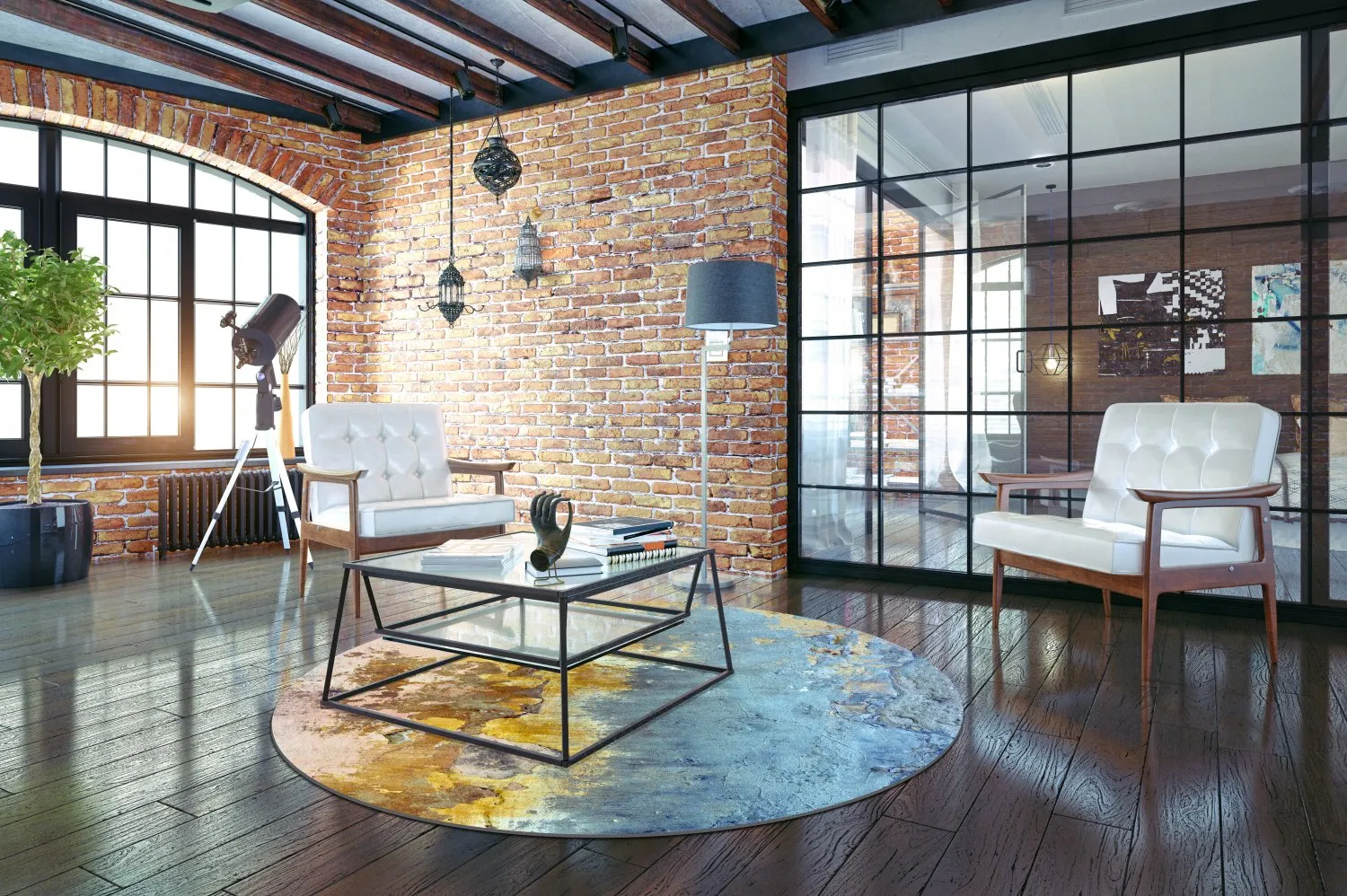 Tapete redondo - Manlieu (azul/multicolorido/dourado)