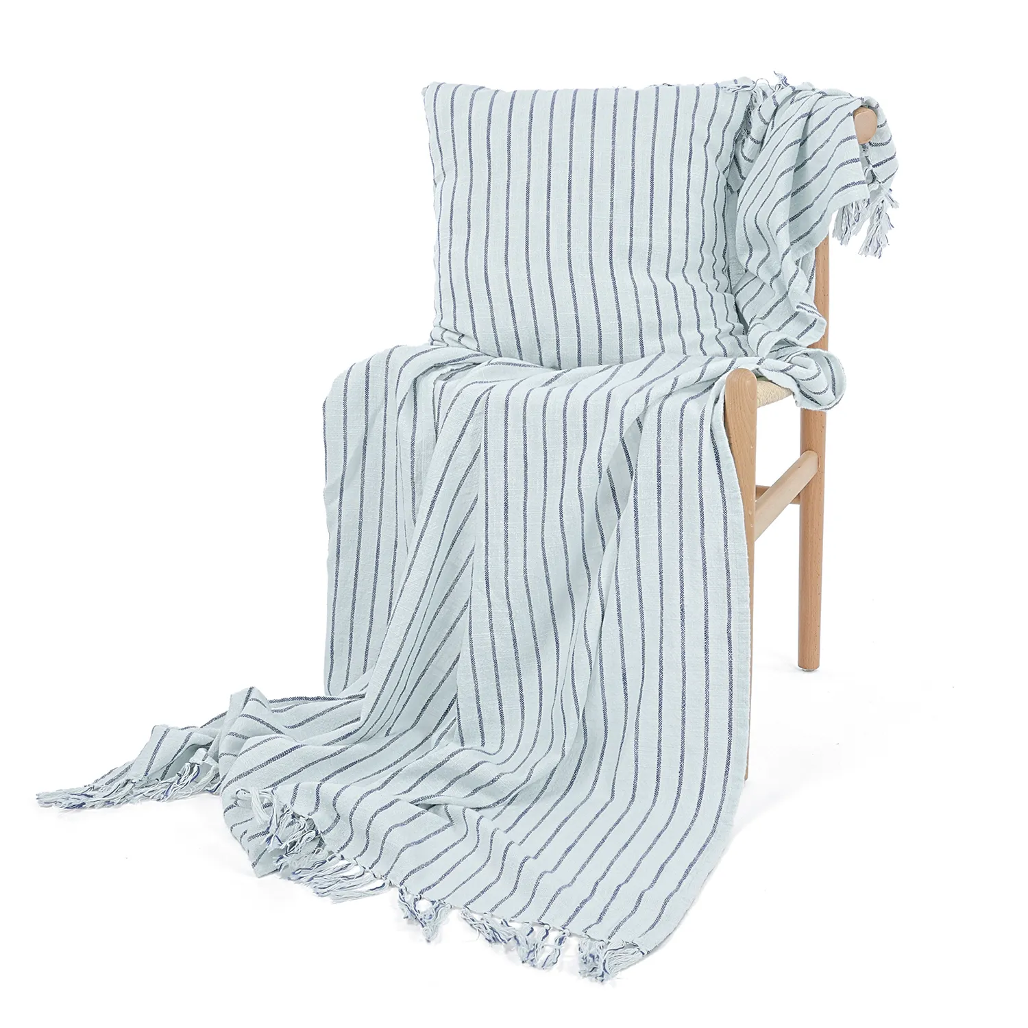 Cobertores - Rumi stripe cotton throw (azul claro/azul marinho/creme)