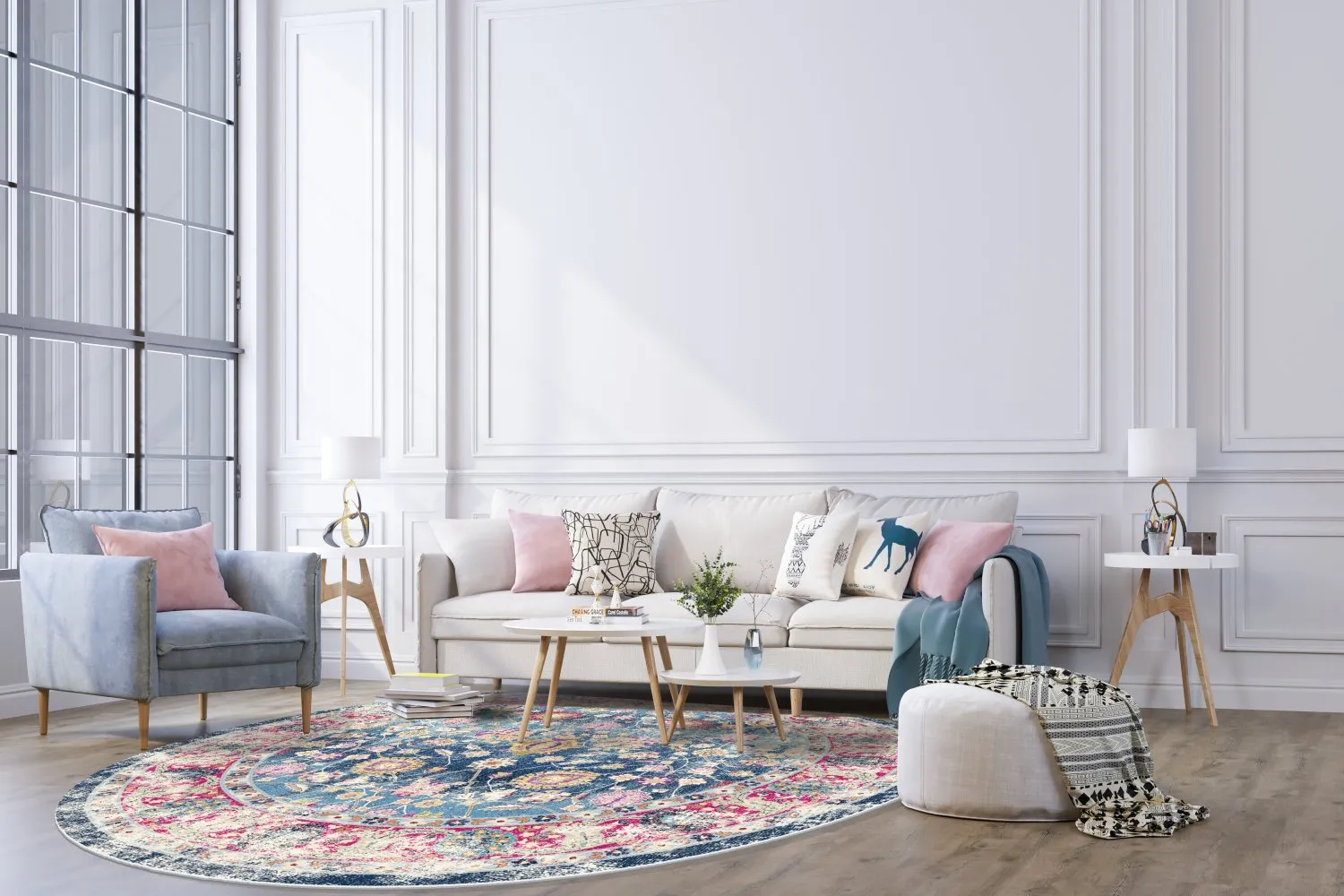 Tapete redondo - Bouhjar (azul/rosa/multicolorido)