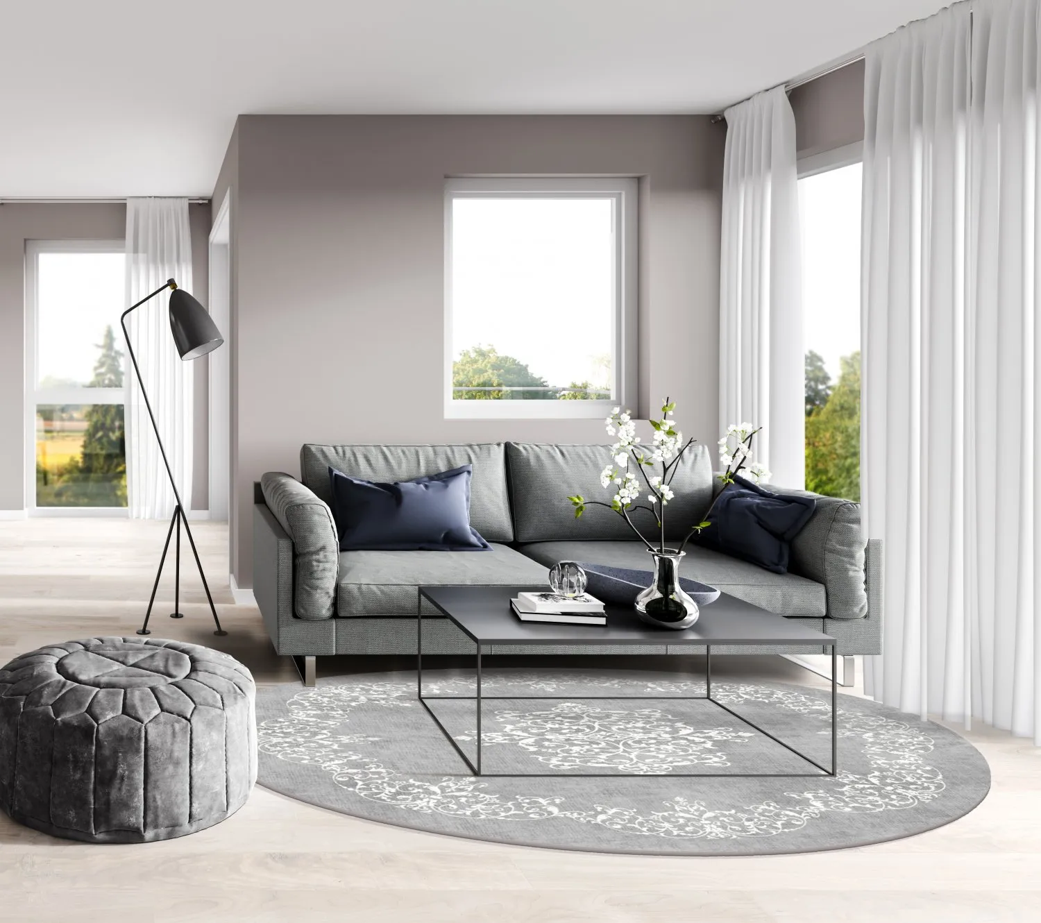 Tapete redondo - Santi (cinza/branco)