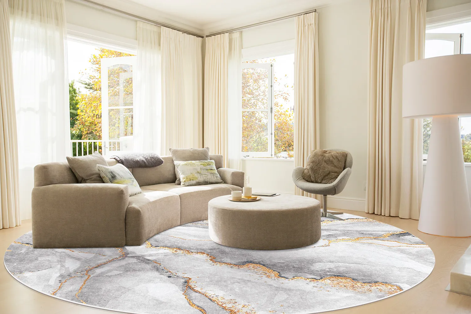 Tapete redondo - Genova (cinza/branco/dourado)