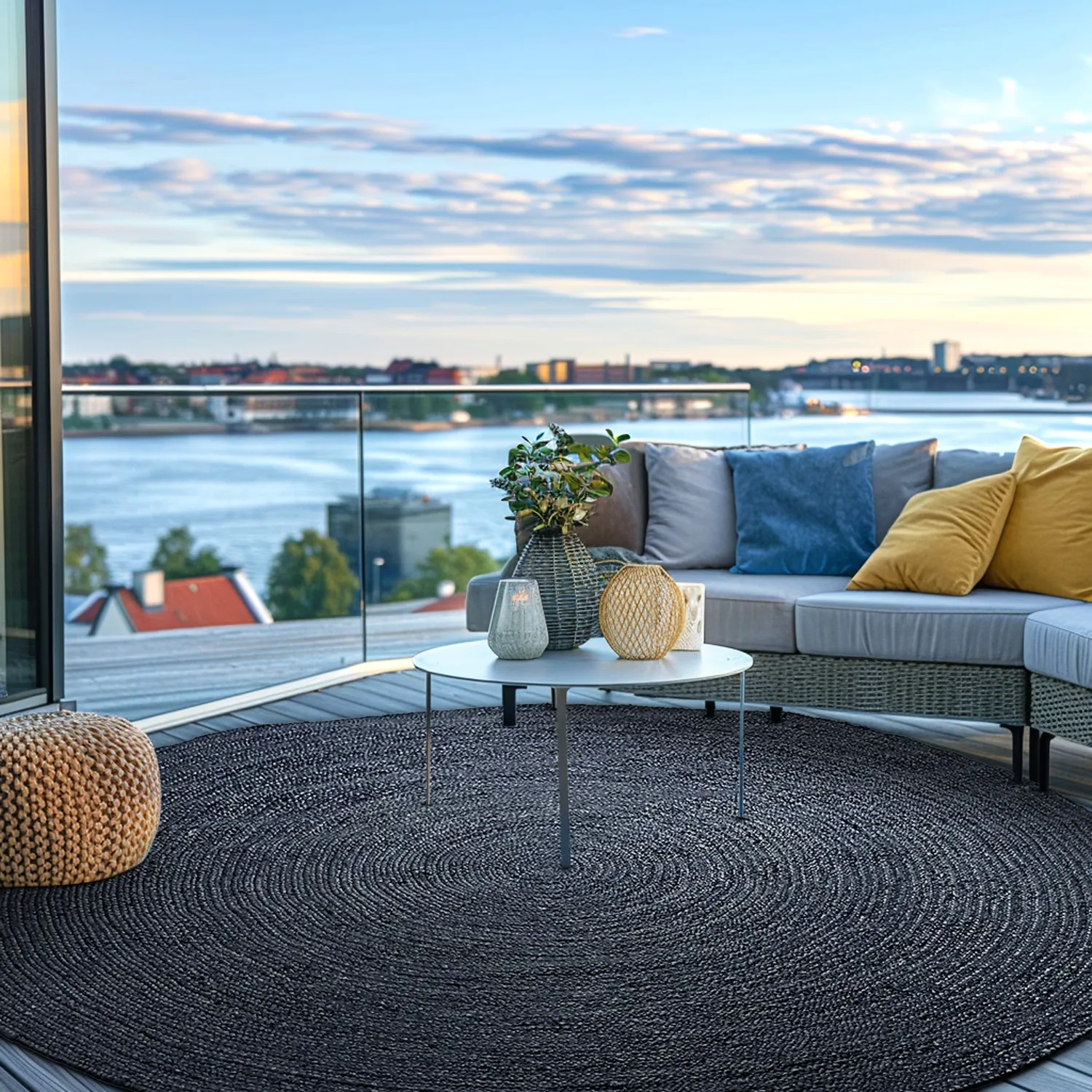 Tapete redondo de juta - Amasia (azul escuro)