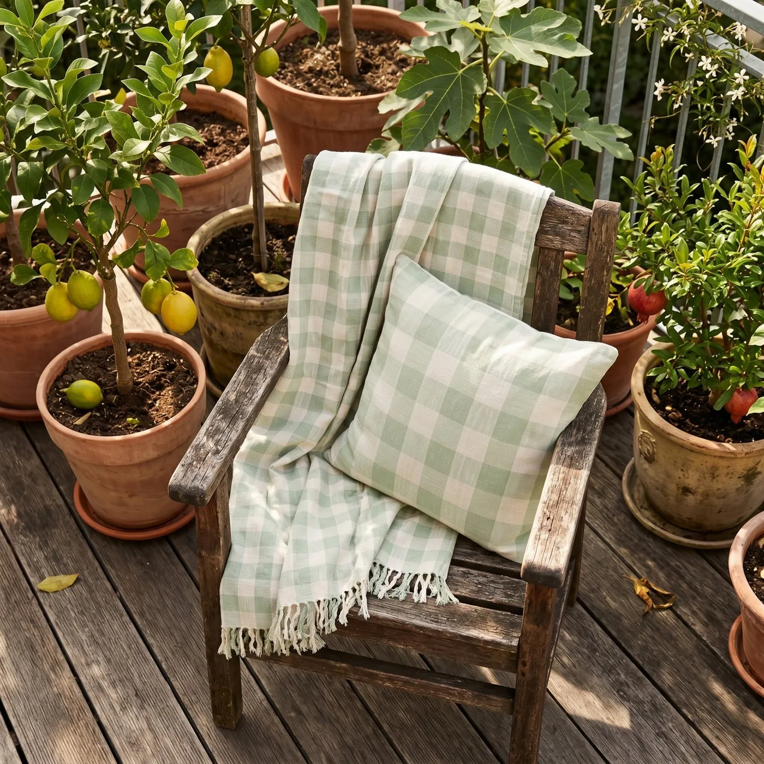Cobertores - Isela check cotton throw (creme/verde claro)