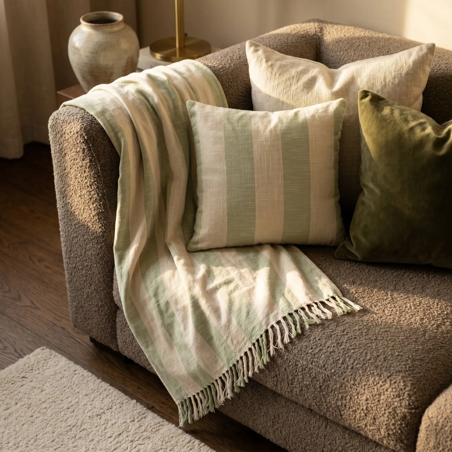 Capa de Almofada - Kora stripe cotton cushion cover (creme/verde claro)
