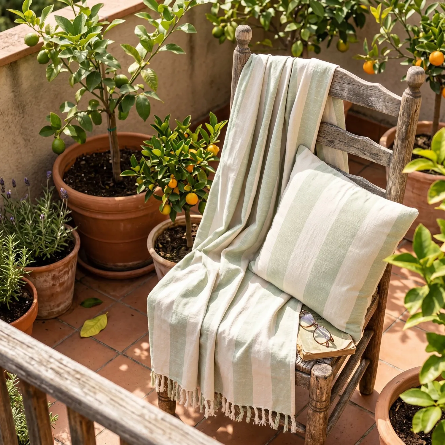 Cobertores - Kora stripe cotton throw (creme/verde claro)