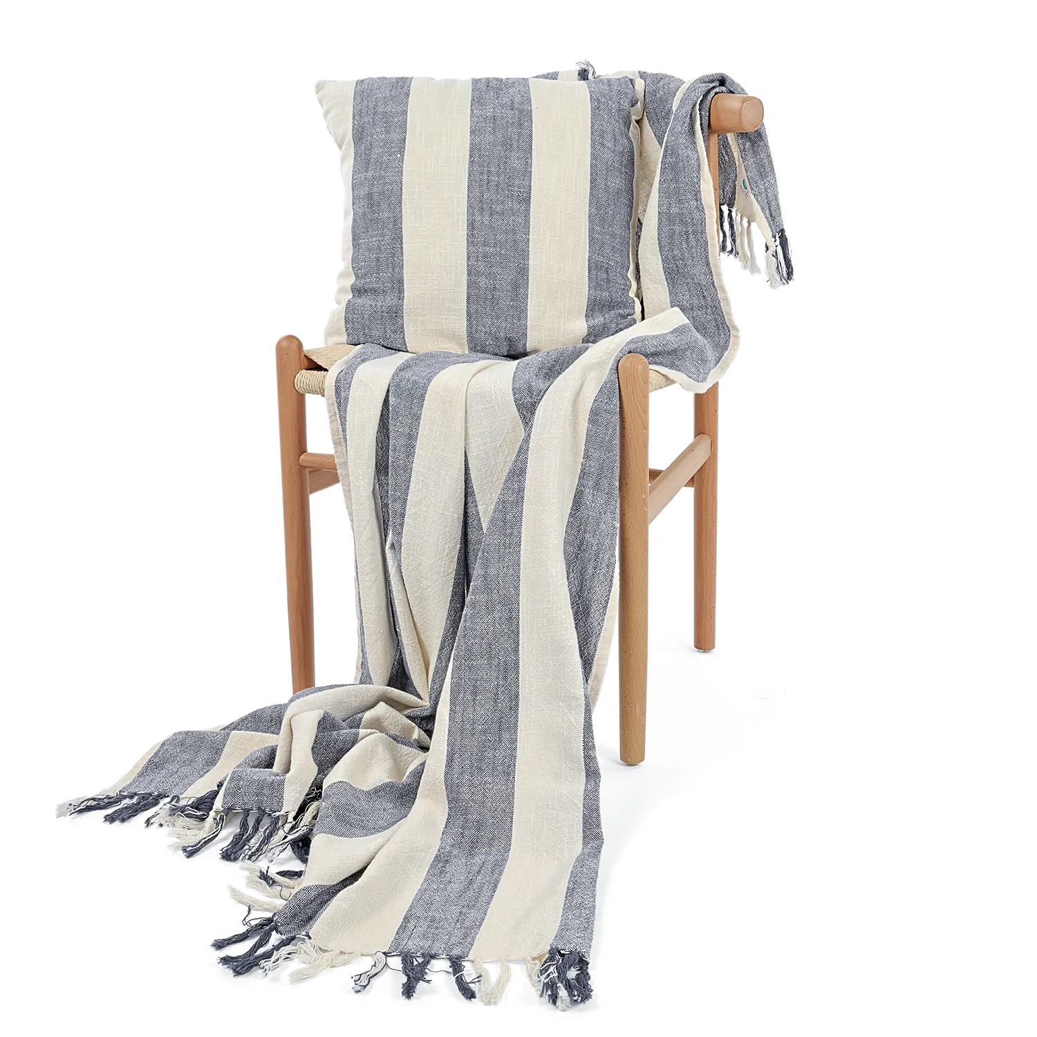 Cobertores - Kora stripe cotton throw (creme/azul marinho)