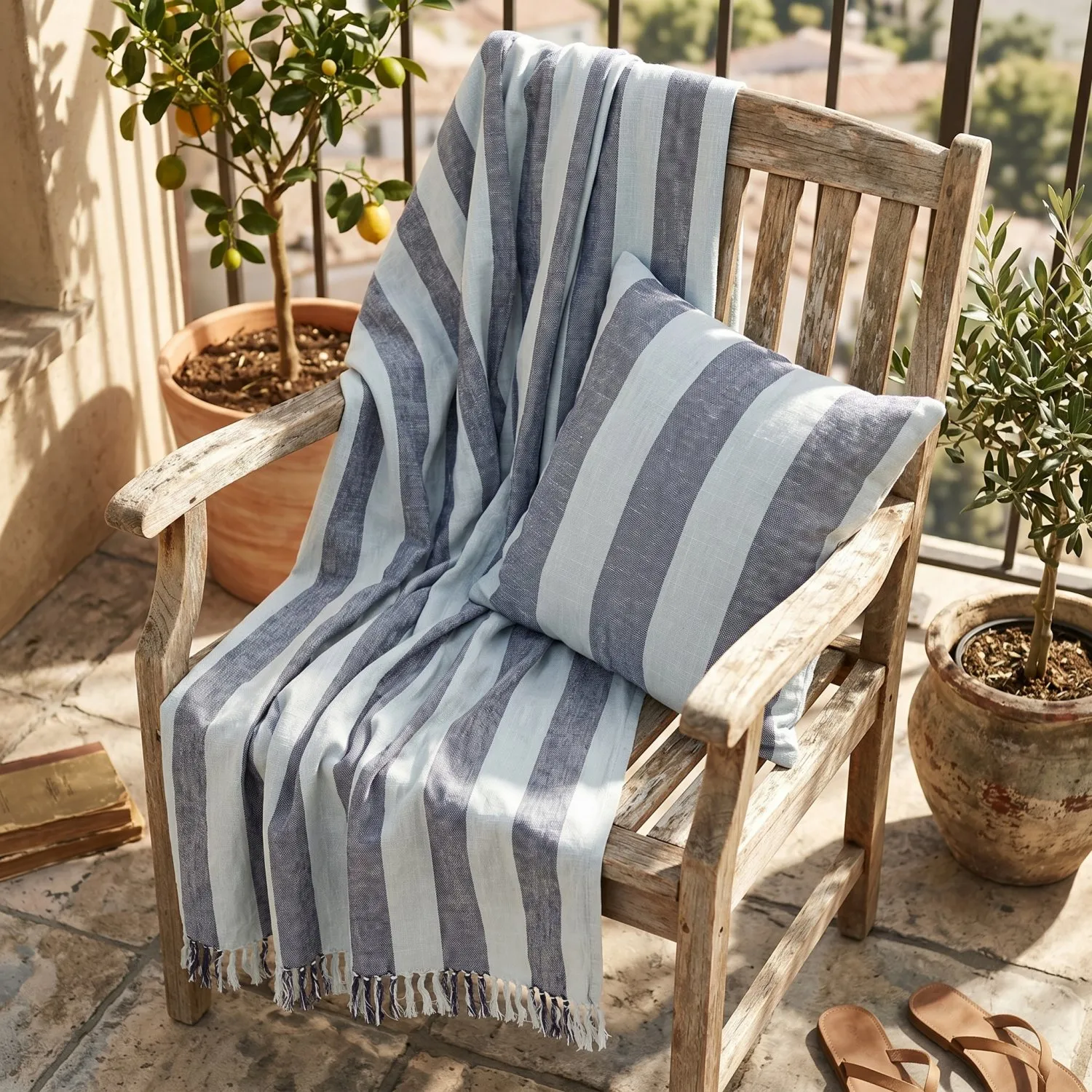 Cobertores - Kora stripe cotton throw (azul marinho/azul claro)