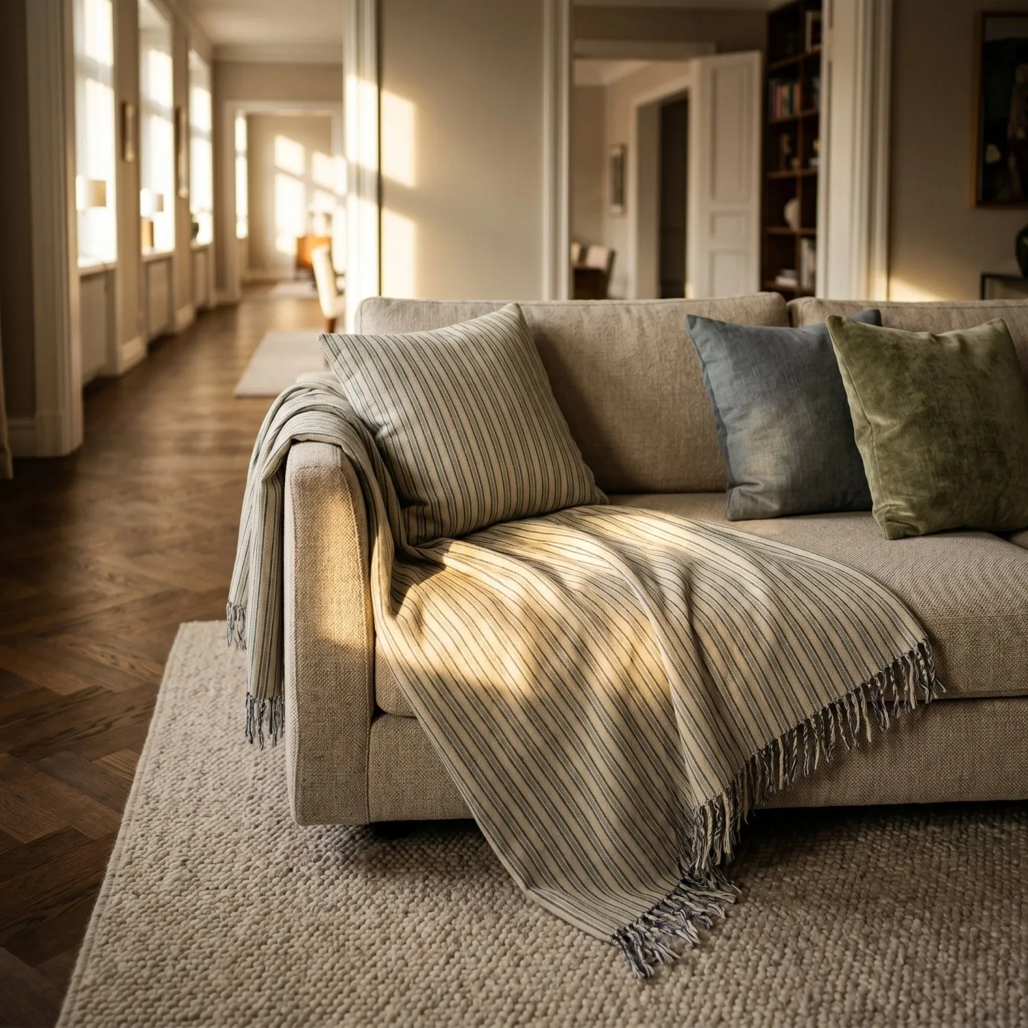 Capa de Almofada - Rumi stripe cotton cushion cover (creme/azul marinho/verde claro)