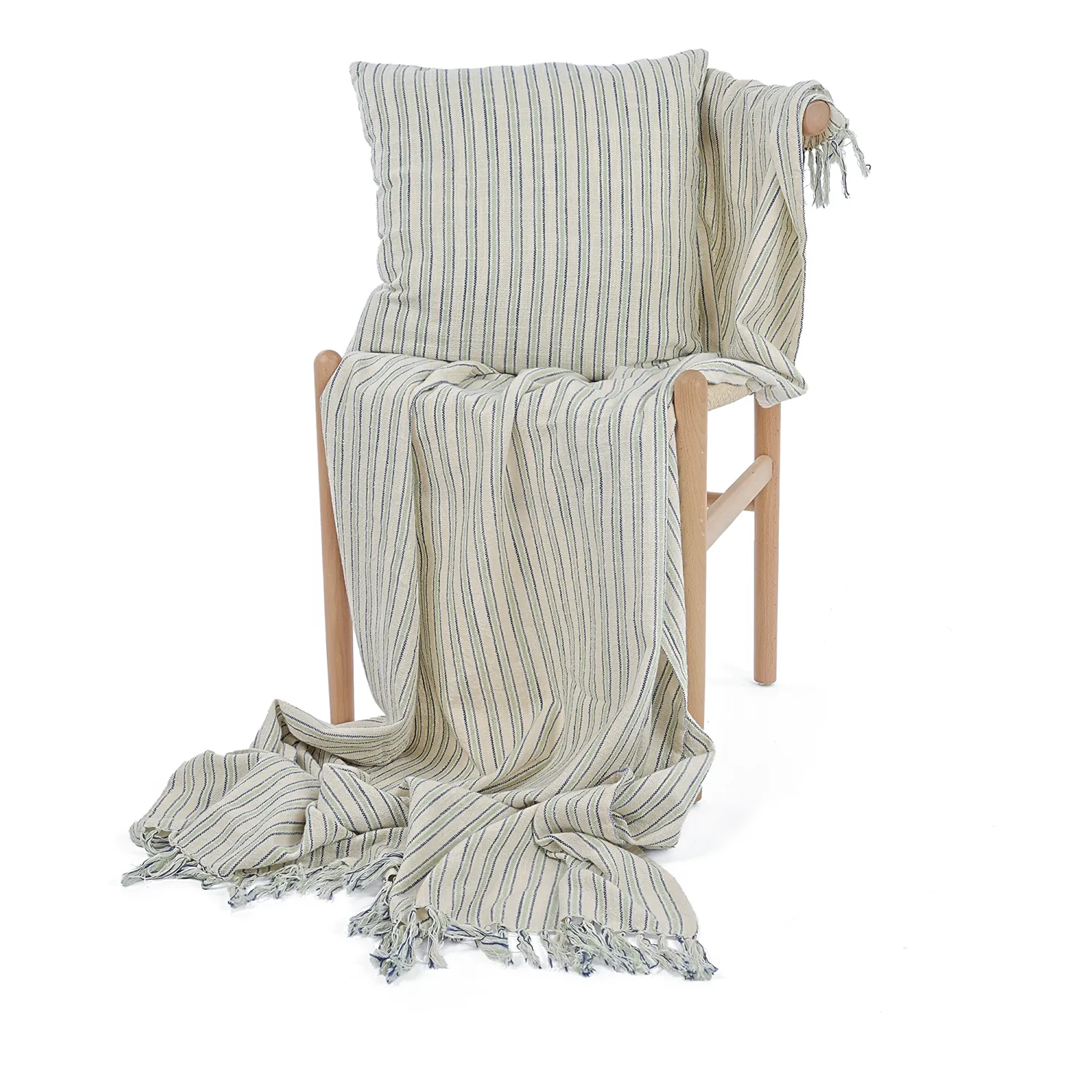 Capa de Almofada - Rumi stripe cotton cushion cover (creme/azul marinho/verde claro)
