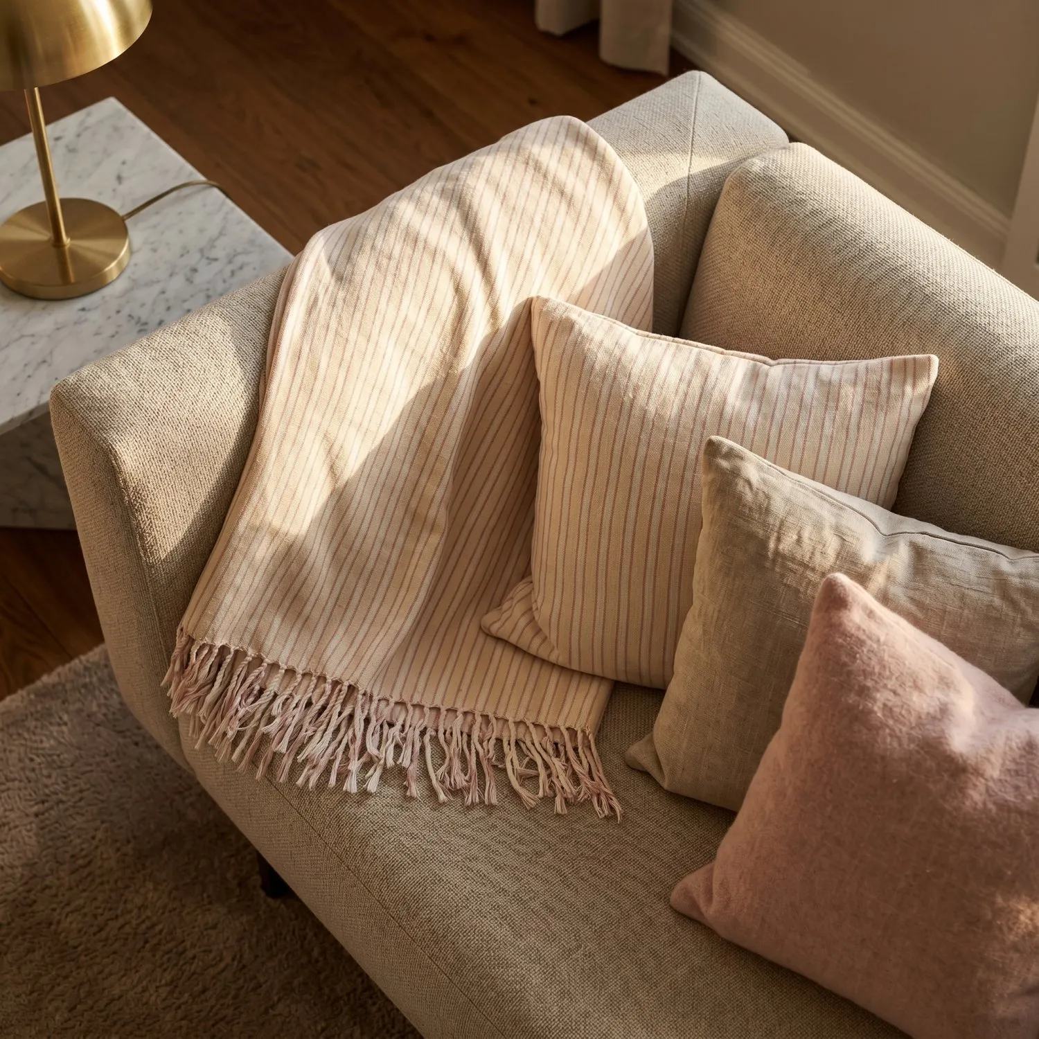 Cobertores - Rumi stripe cotton throw (creme/rosa/azul claro)