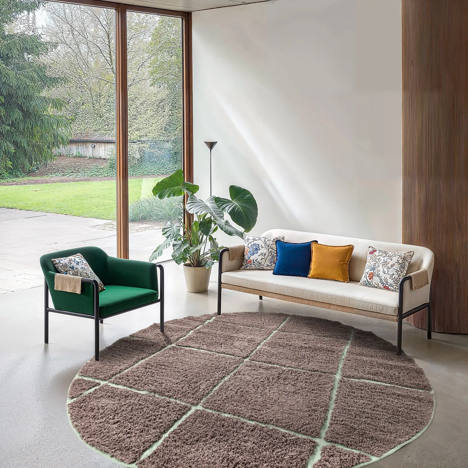 Tapete redondo - Bellevue Natural Cotton Shaggy (taupe/zelena)