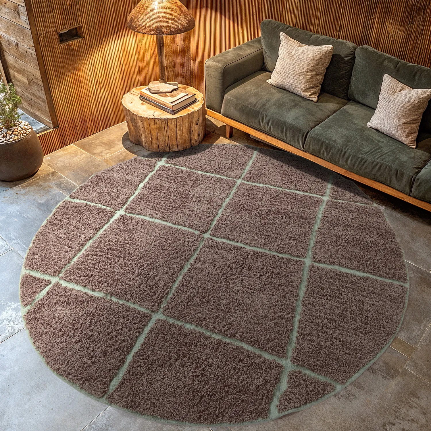 Tapete redondo - Bellevue Natural Cotton Shaggy (taupe/zelena)