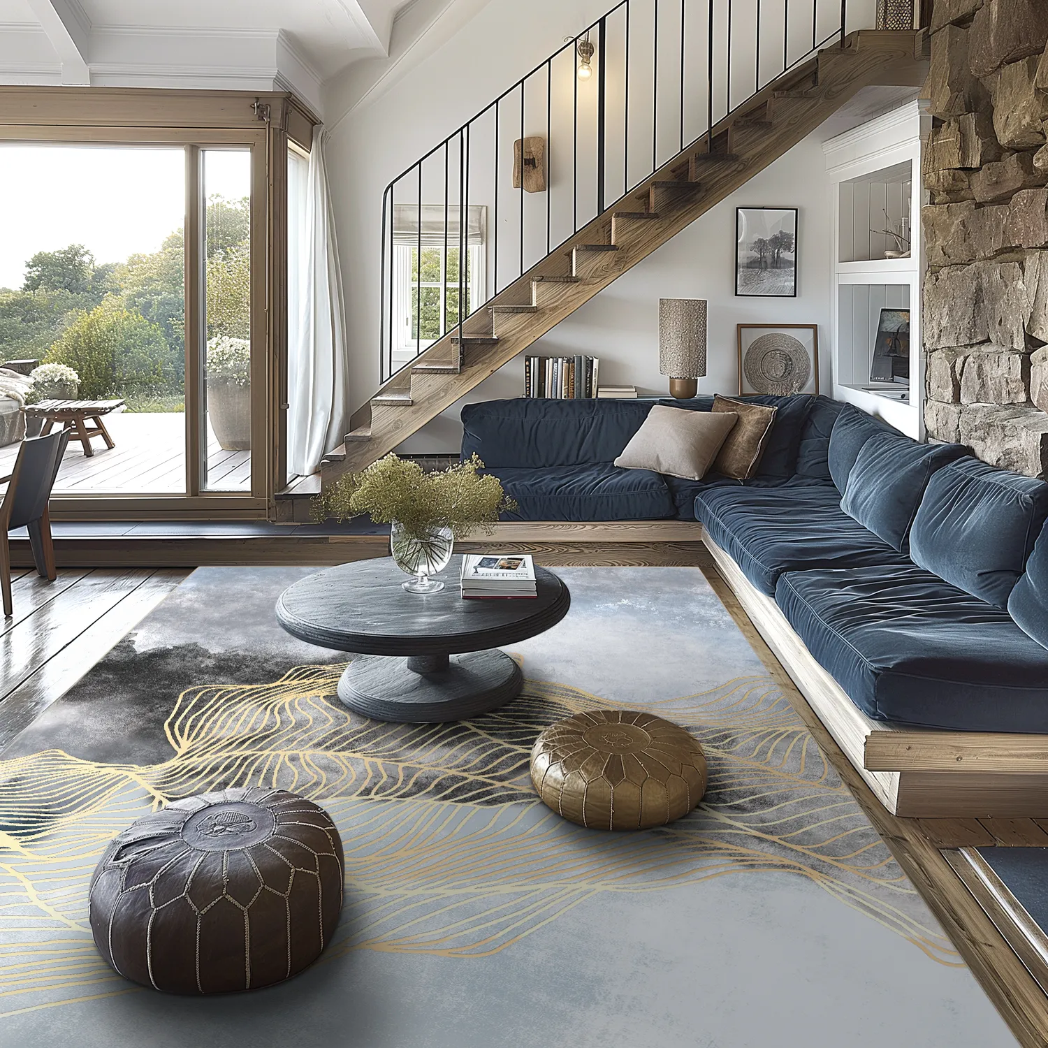 Tapete Wilton - Ekual (azul/cinza/dourado)