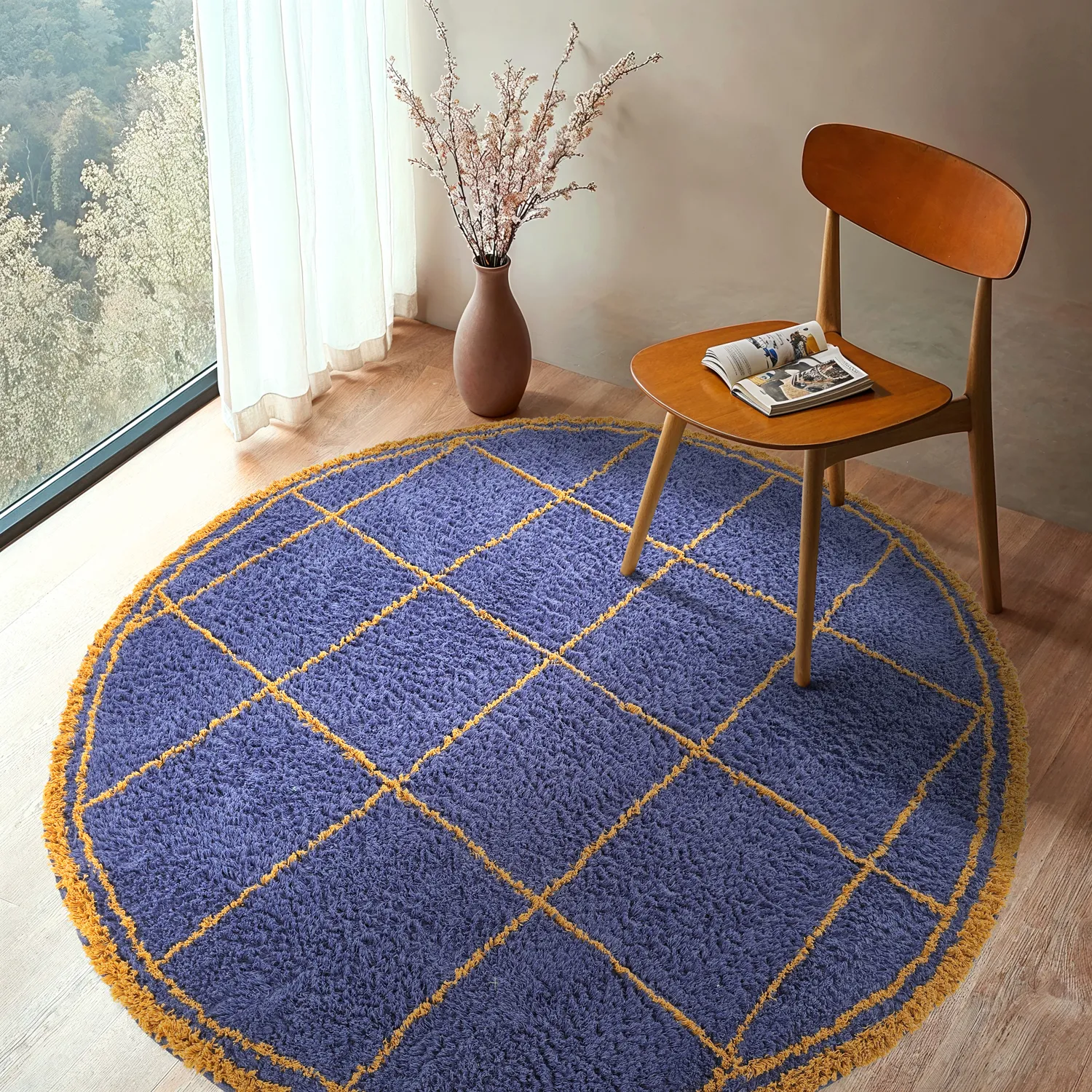 Tapete redondo - Lana Natural Cotton Shaggy (azul/amarelo)