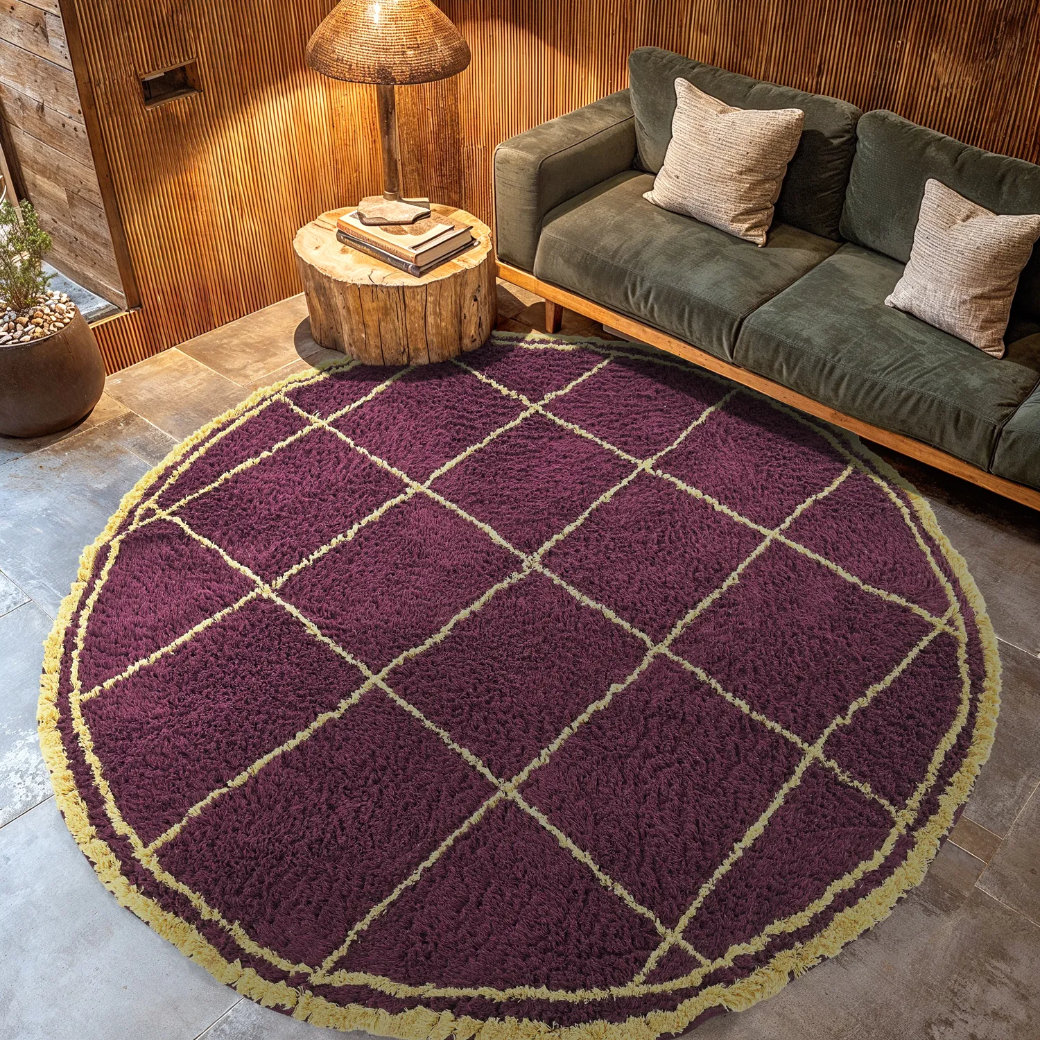 Tapete redondo - Lana Natural Cotton Shaggy (borgonha/amarelo)