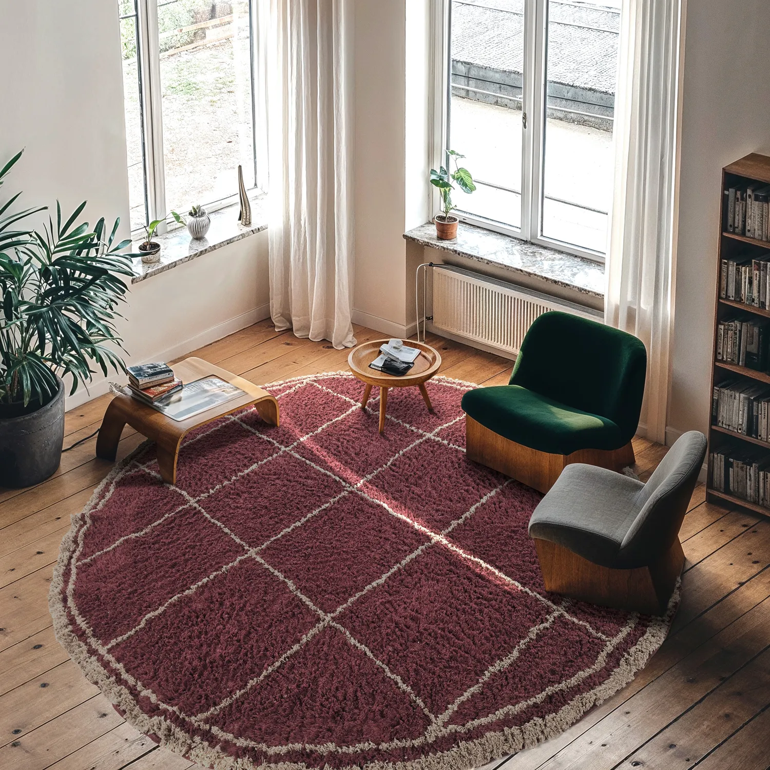 Tapete redondo - Lana Natural Cotton Shaggy (taupe/vermelho)