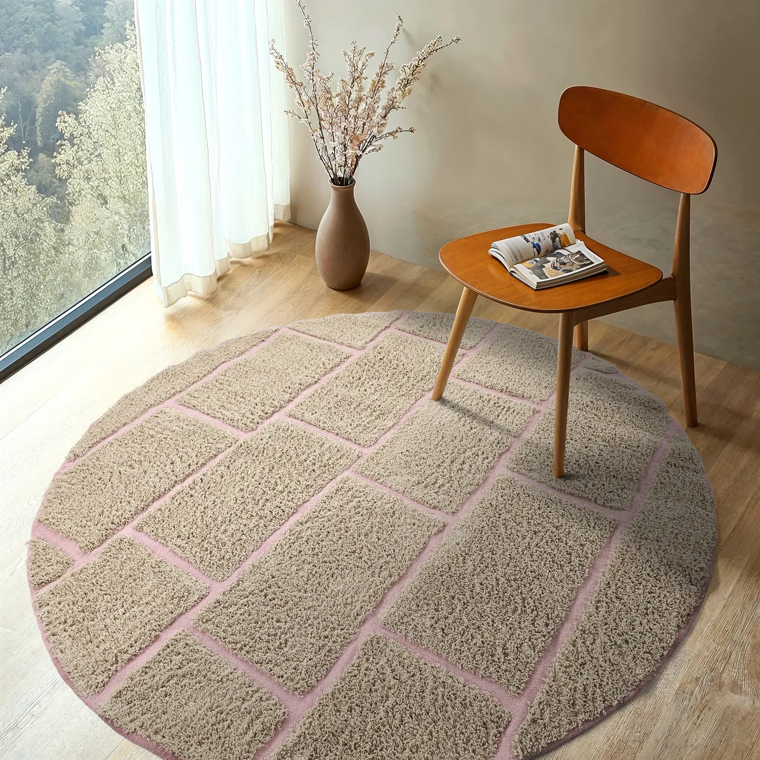 Tapete redondo - Lindley Natural Cotton Shaggy (bež/roza)