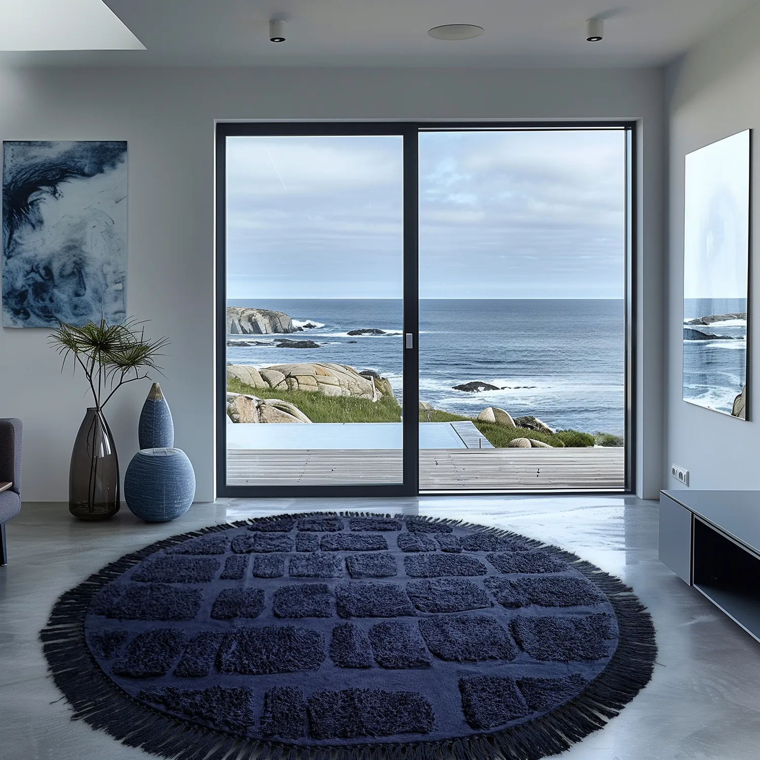 Tapete redondo - Salem Natural Cotton Shaggy (azul escuro)