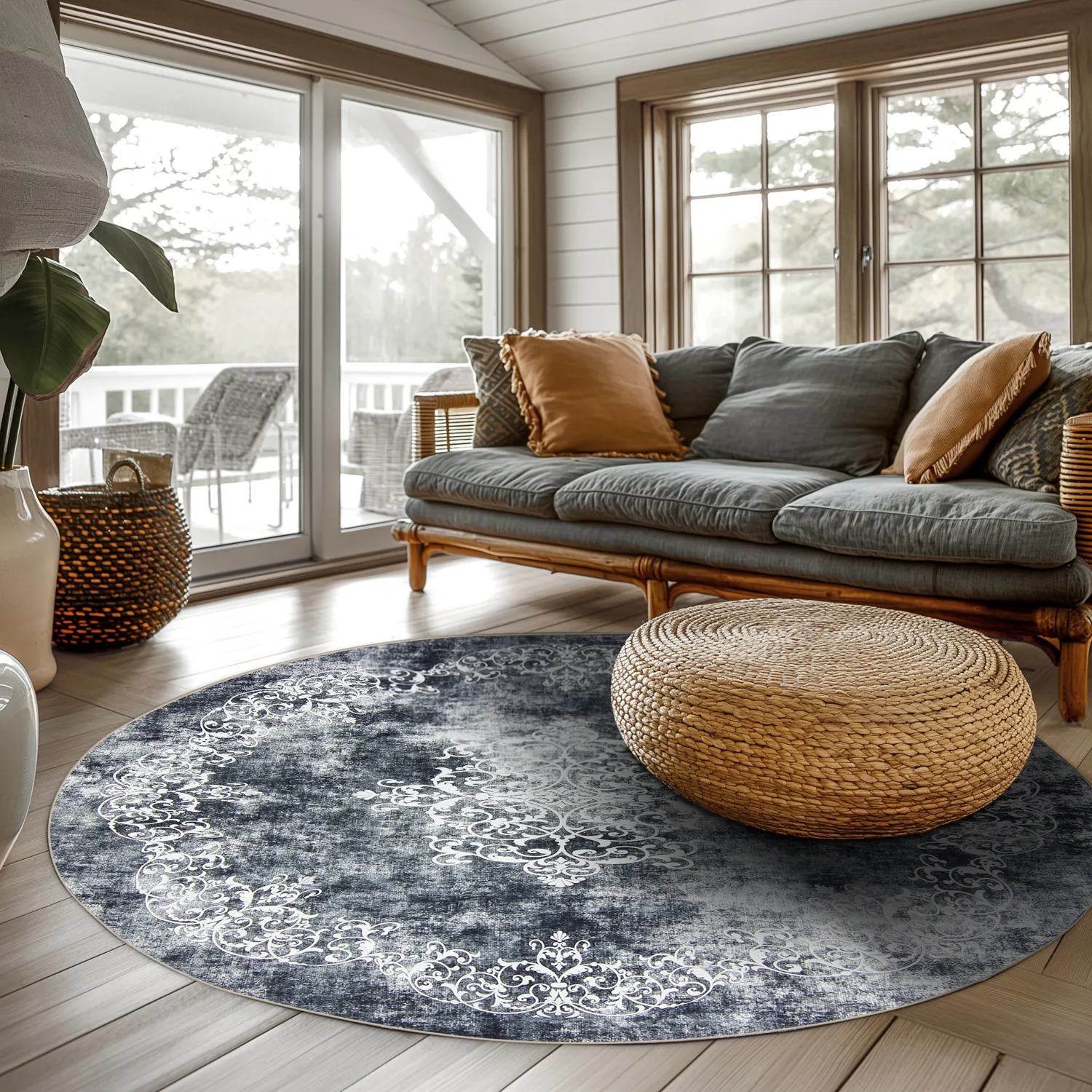 Tapete redondo - Santi (cinza azulado/branco)