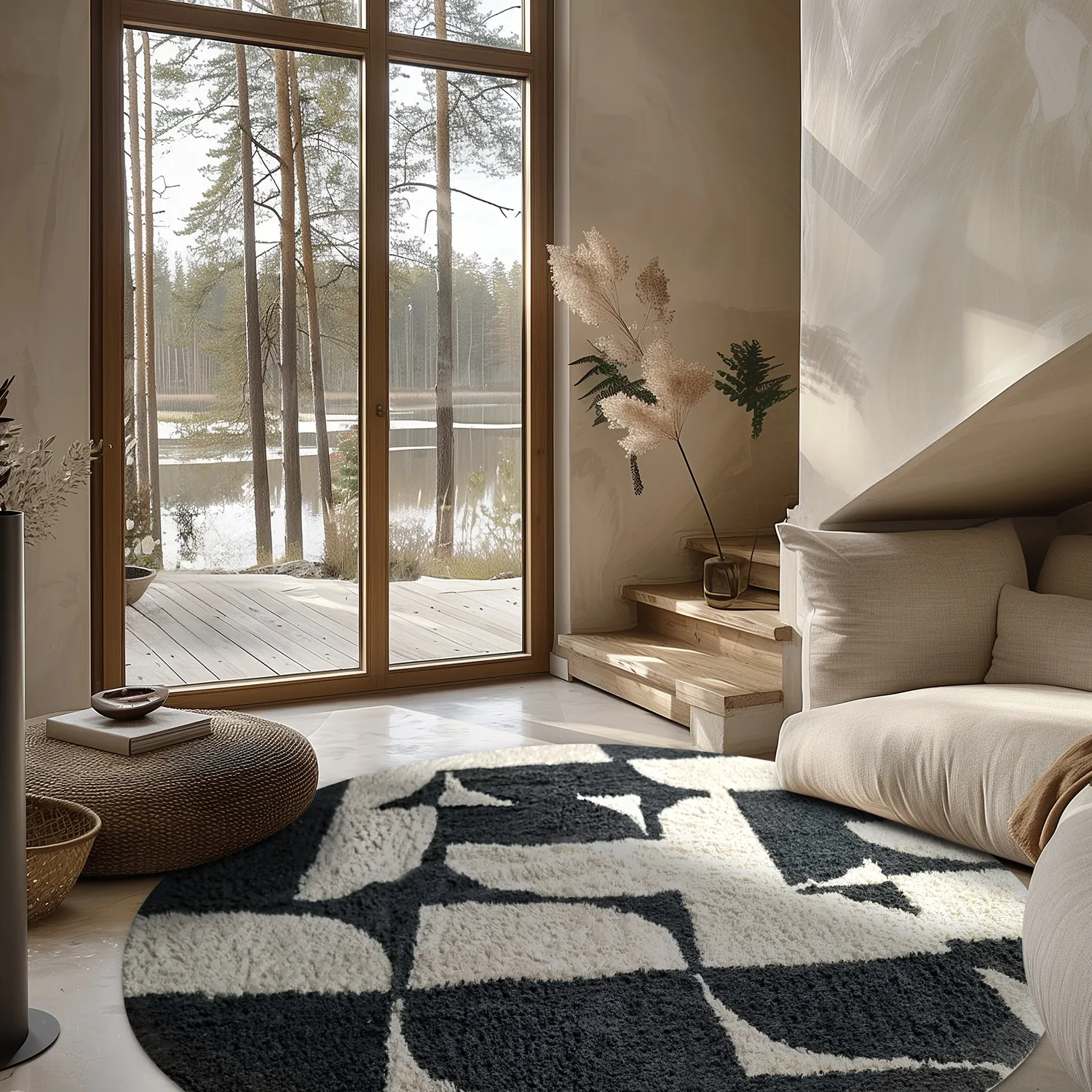 Tapete redondo - Siberia Natural Cotton Shaggy (offwhite/preto)