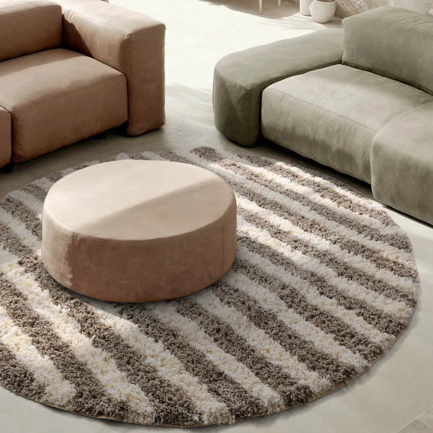 Tapete redondo - Thira Stripe Cotton Shaggy (creme/taupe)