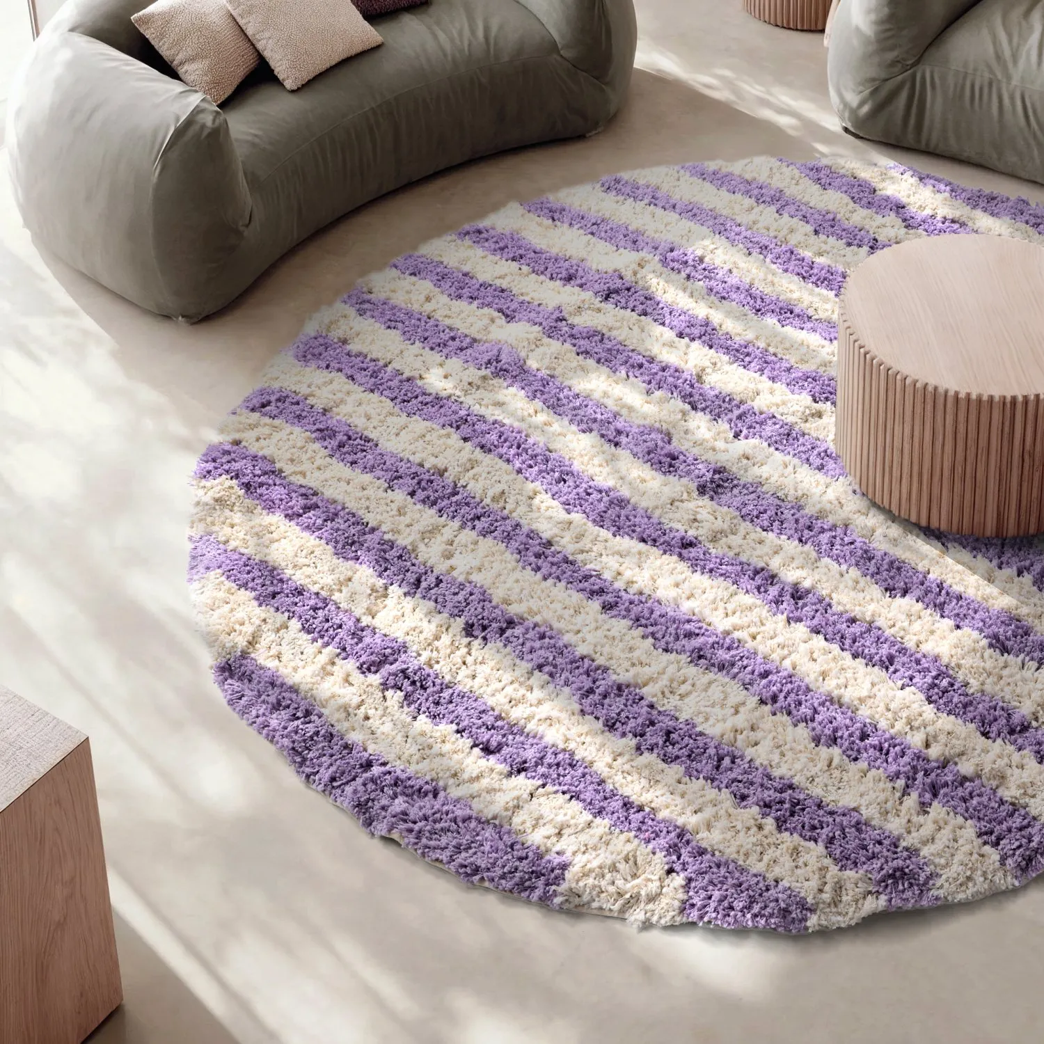 Tapete redondo - Thira Stripe Cotton Shaggy (creme/roxo claro)
