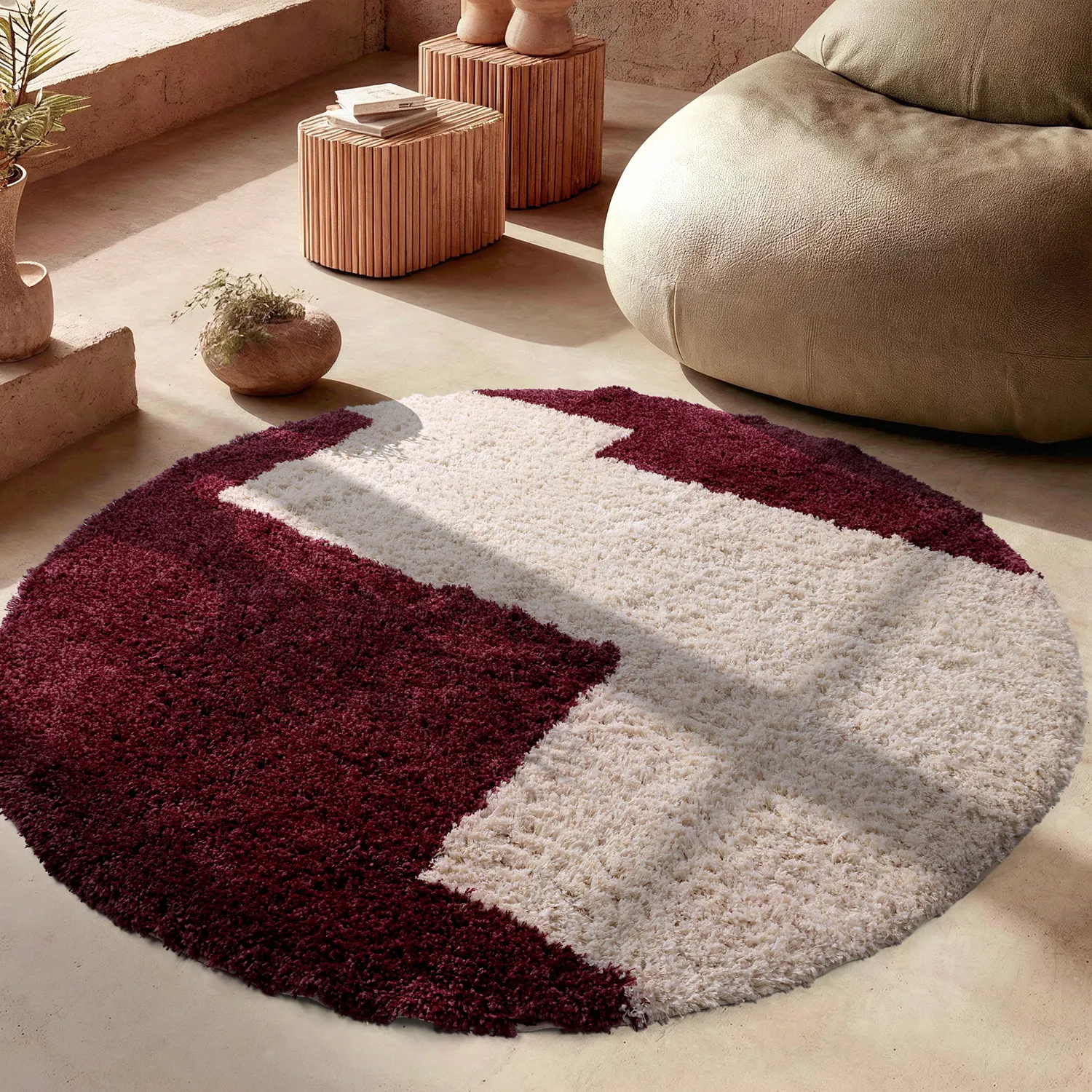 Tapete redondo - Begur Natural Cotton Shaggy (branco sujo/bordô)