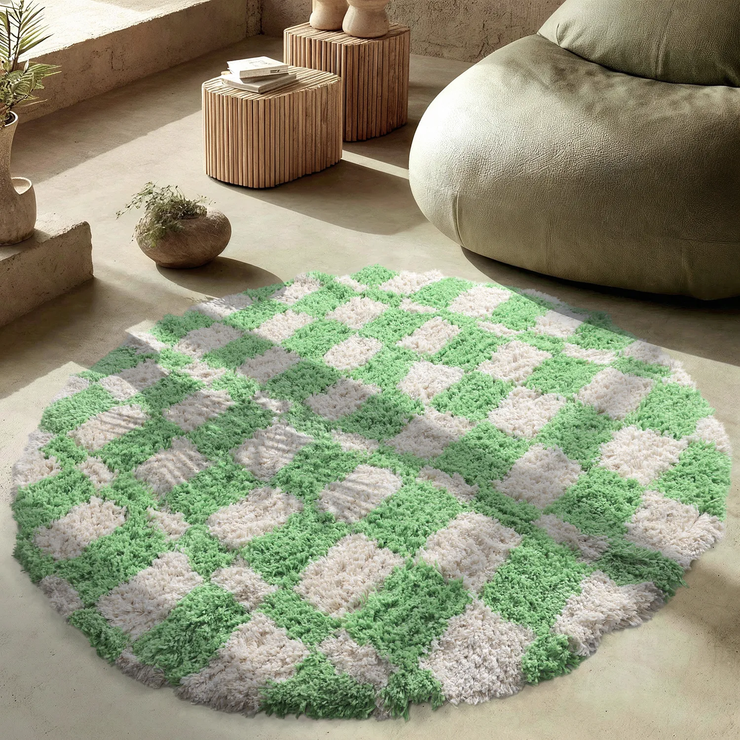 Tapete redondo - Atrani Natural Cotton Shaggy (verde)