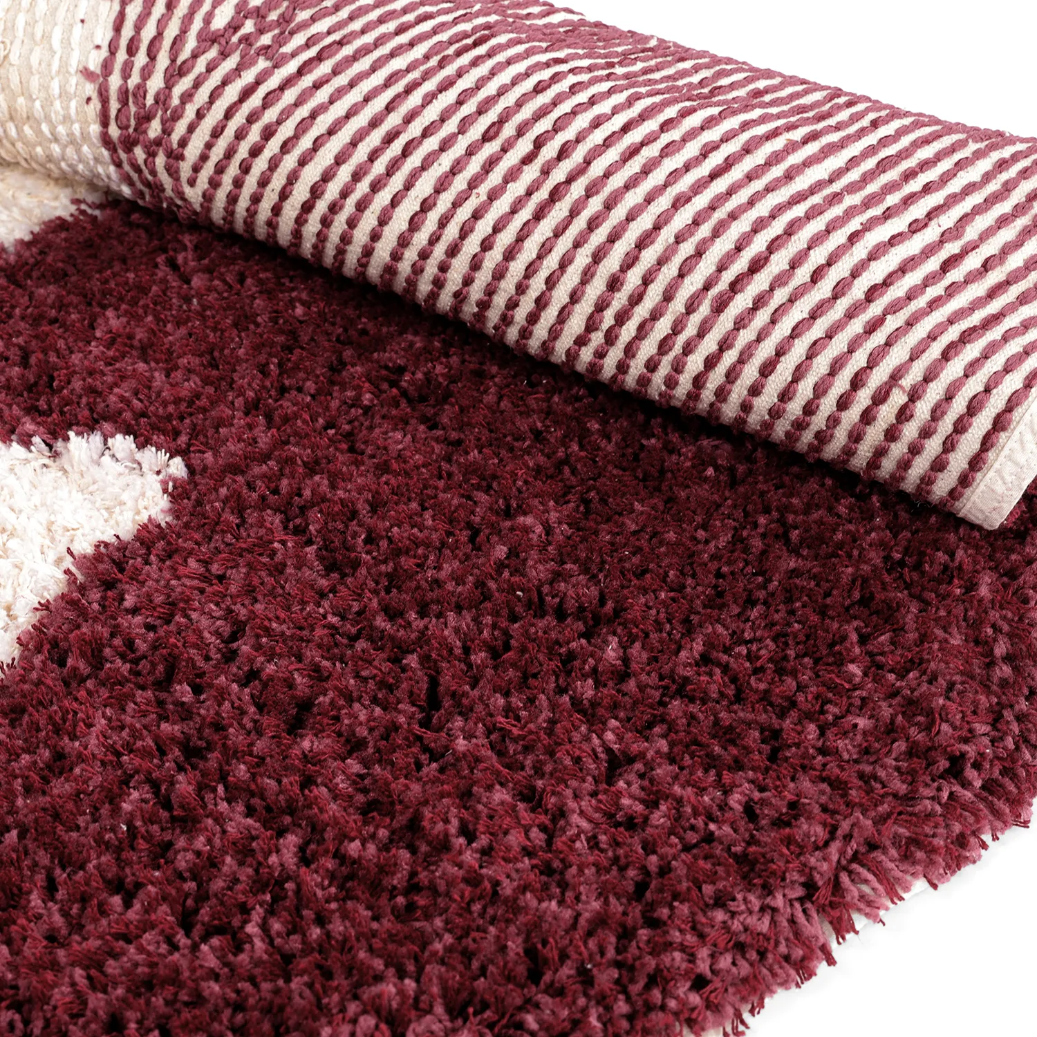 Tapete redondo - Begur Natural Cotton Shaggy (branco sujo/bordô)