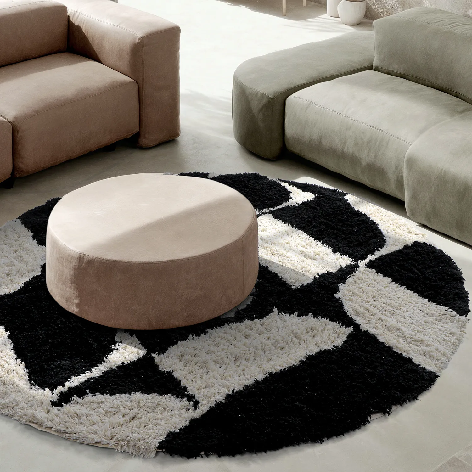 Tapete redondo - Marvao Natural Cotton Shaggy (branco sujo/preto)