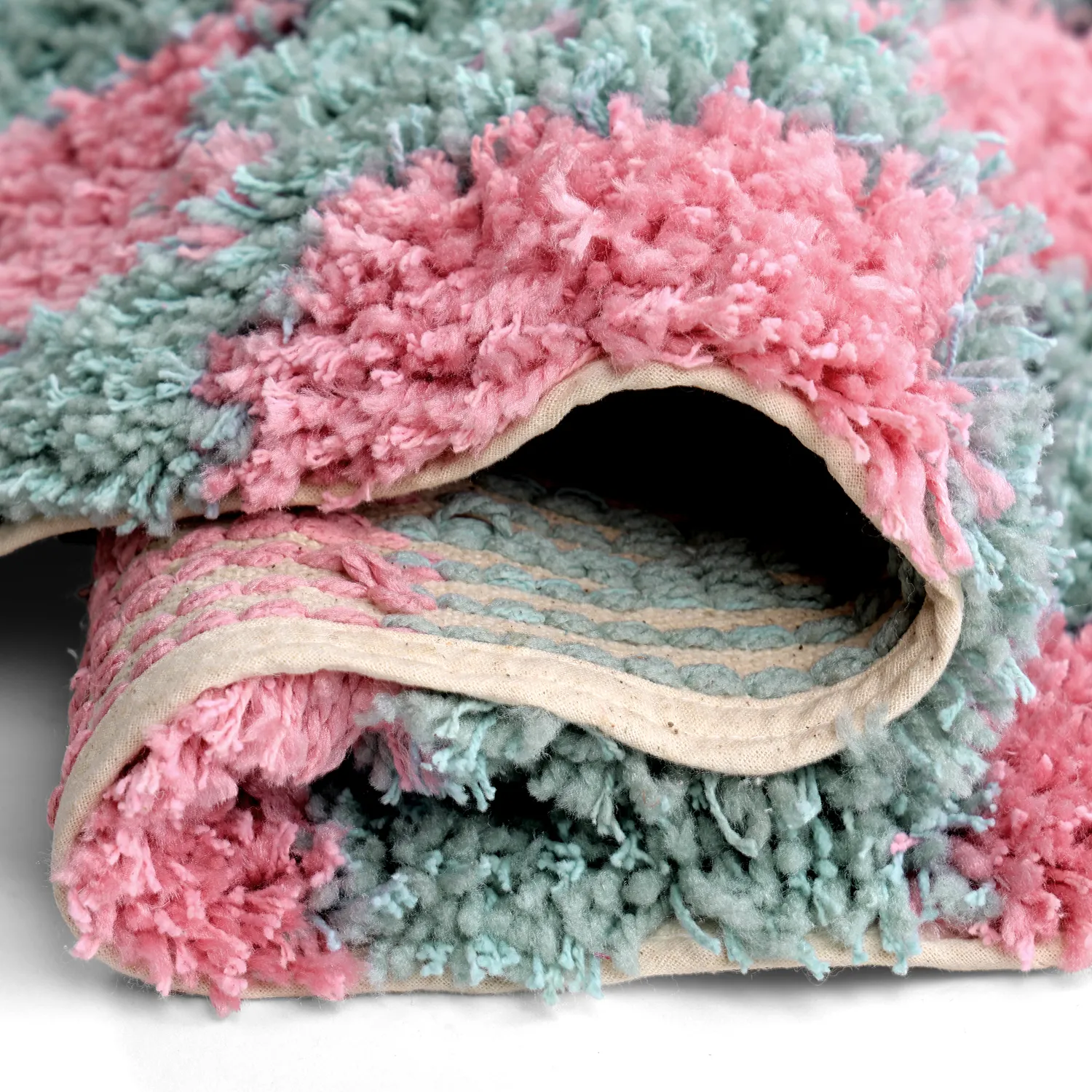 Tapete redondo - Methoni Check Cotton Shaggy (azul claro/rosa claro)