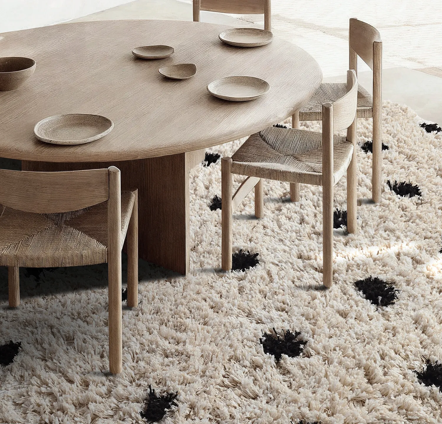 Tapete redondo - Soria Natural Cotton Shaggy (branco sujo/preto)