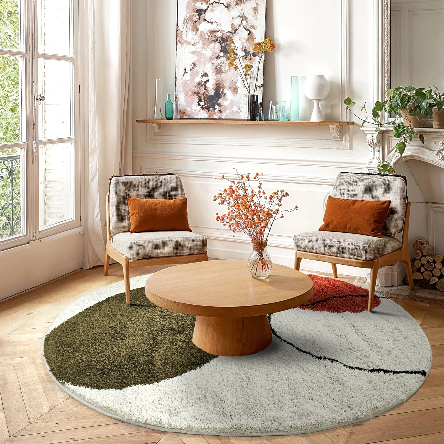 Tapetes redondos - Sanghar (branco/laranja/verde)