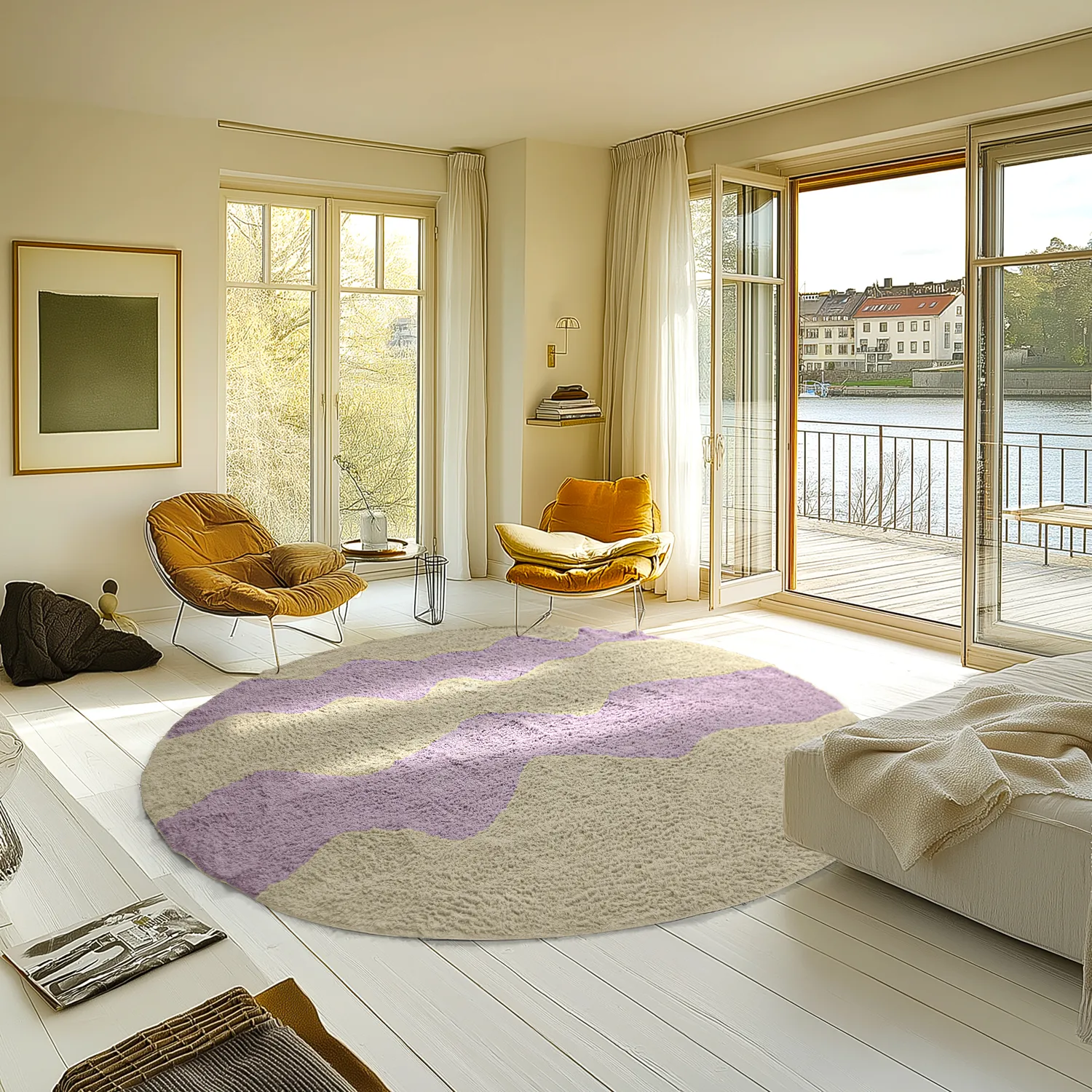 Tapete redondo - Amira Natural Cotton Shaggy (bege/roxo)