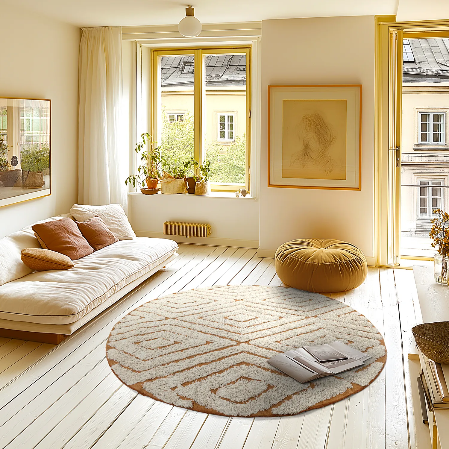 Tapete redondo - Holwell Natural Cotton Shaggy (umazano bela/rjava)