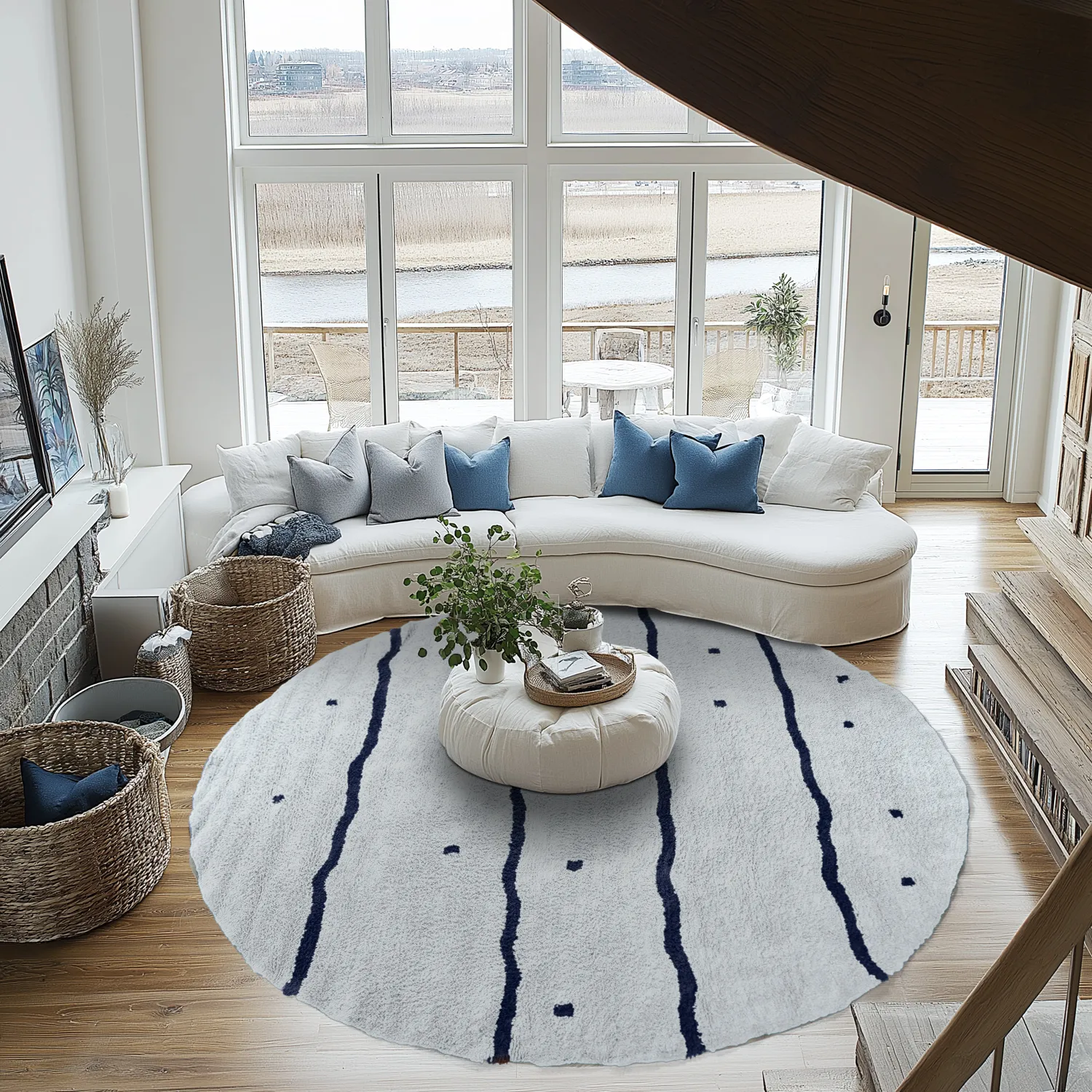 Tapete redondo - Leora Natural Cotton Shaggy (cinza/azul)
