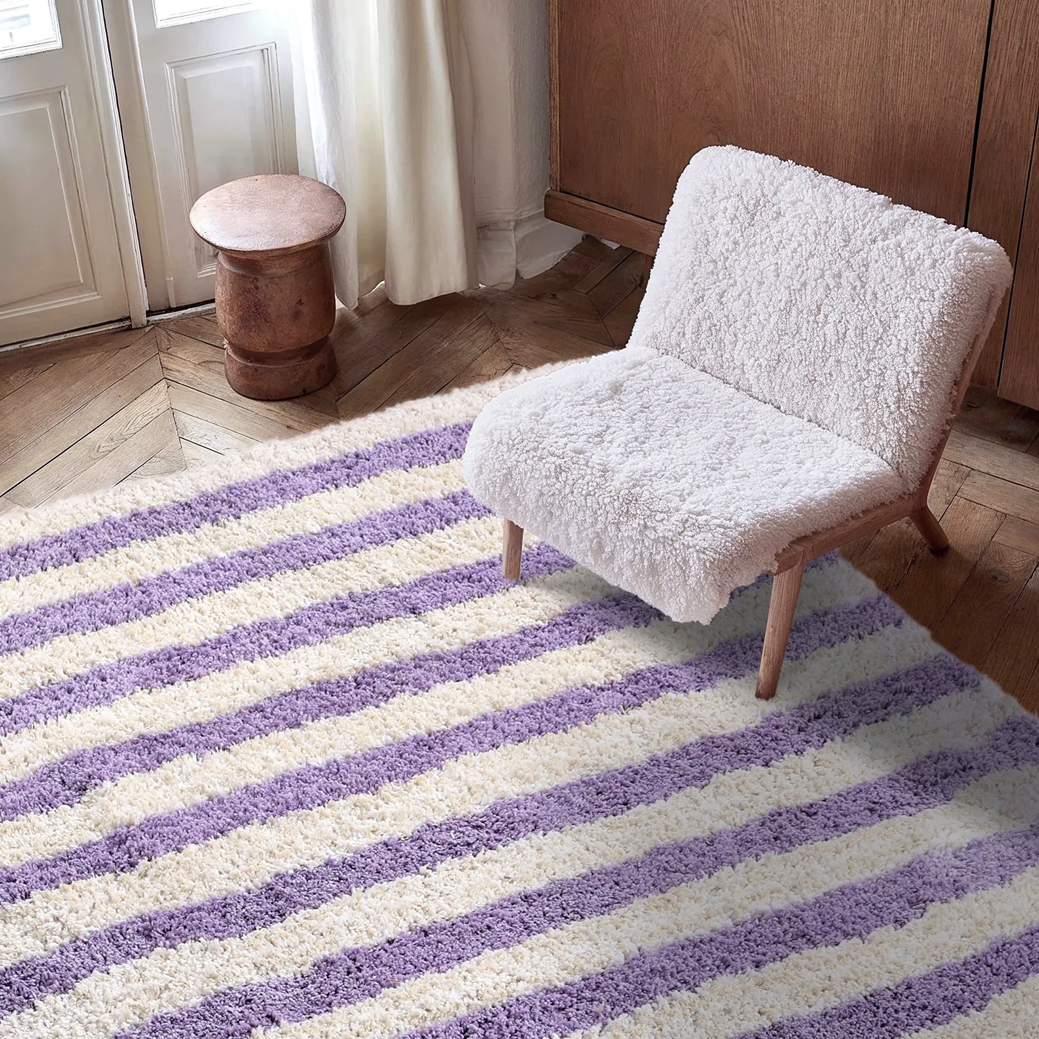 Tapetes felpudos - Thira Stripe Cotton Shaggy (creme/roxo claro)