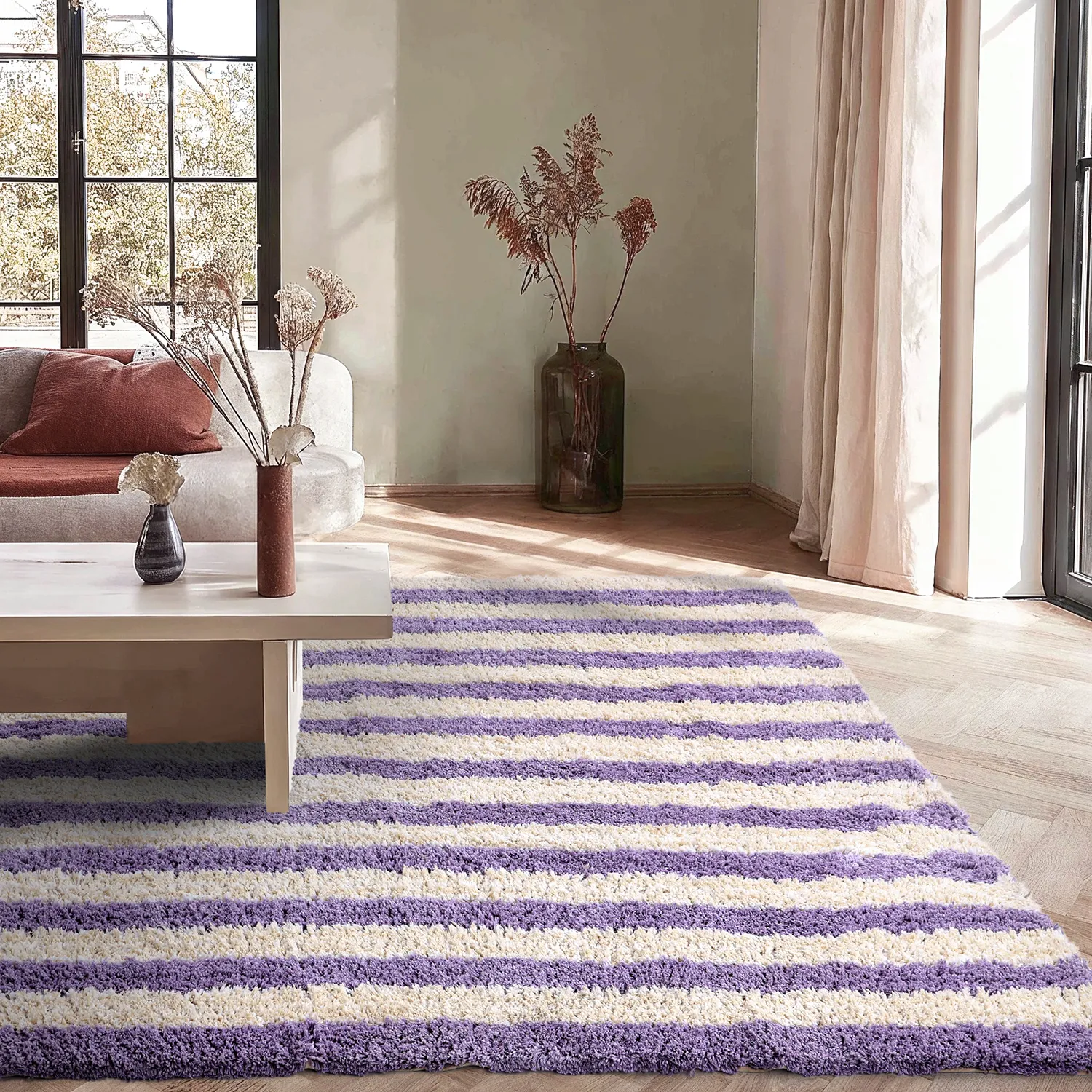 Tapetes felpudos - Thira Stripe Cotton Shaggy (creme/roxo claro)
