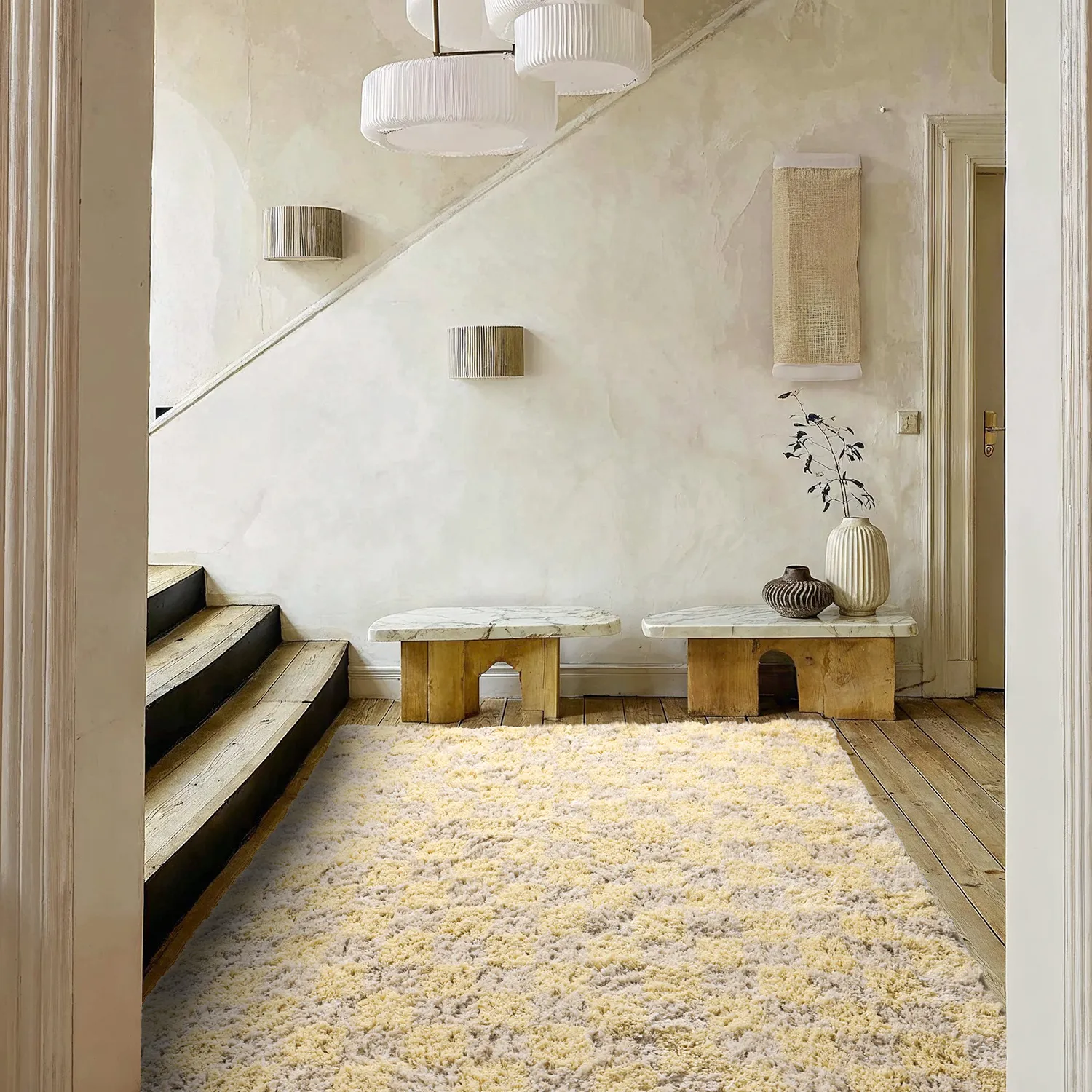 Tapetes felpudos - Methoni Check Cotton Shaggy (creme/amarelo claro)