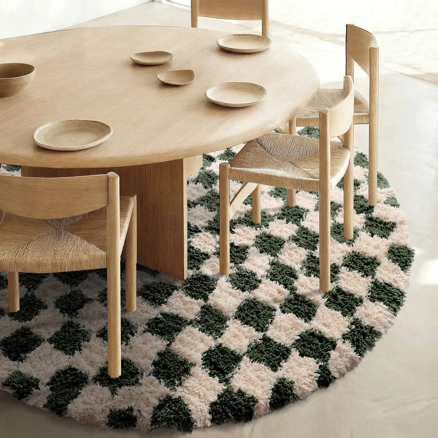 Tapete redondo - Methoni Check Cotton Shaggy (creme/verde)