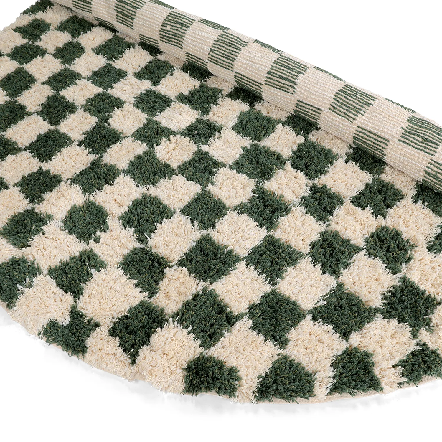Tapete redondo - Methoni Check Cotton Shaggy (creme/verde)