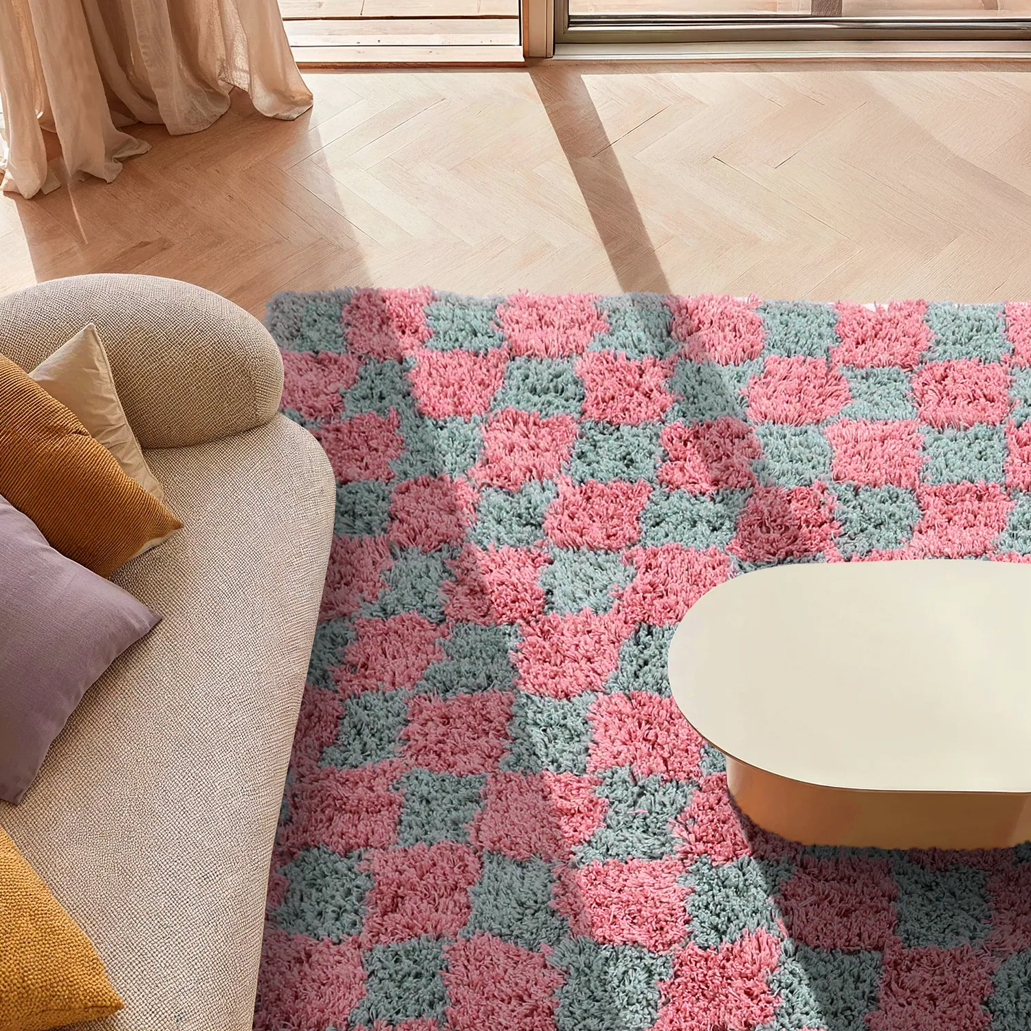 Tapetes felpudos - Methoni Check Cotton Shaggy (azul claro/rosa claro)