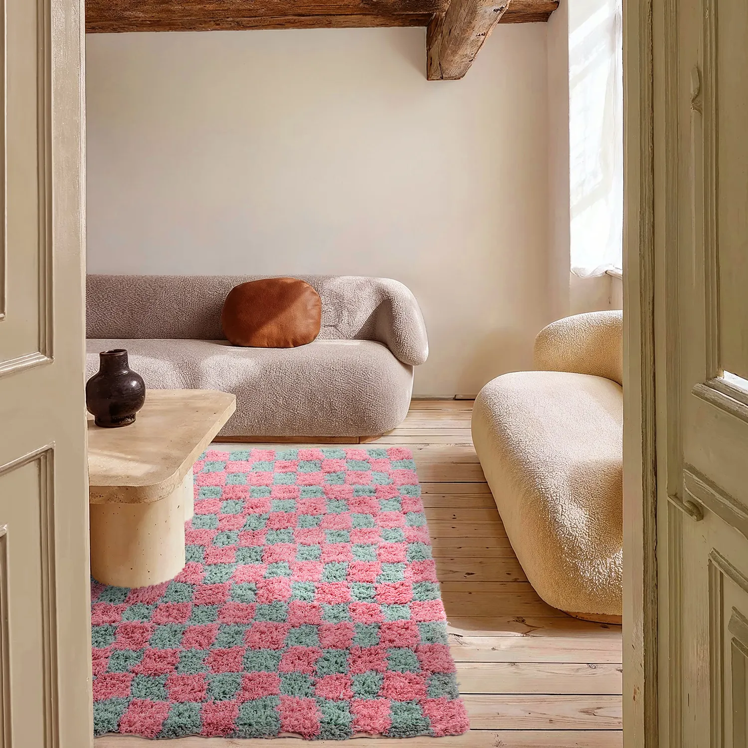 Tapetes felpudos - Methoni Check Cotton Shaggy (azul claro/rosa claro)