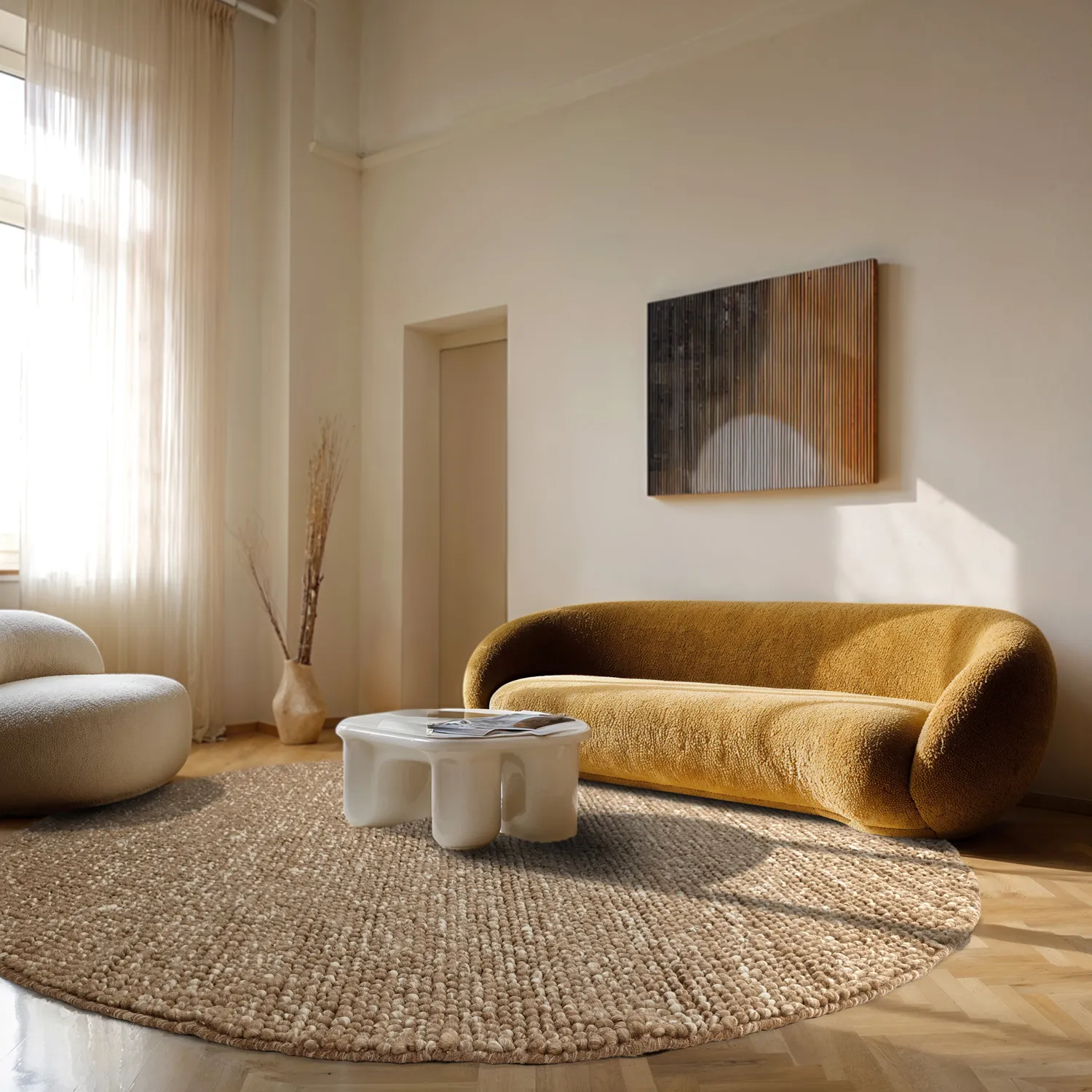 Tapete redondo - Avafors Wool Bubble (marrom claro/branco)