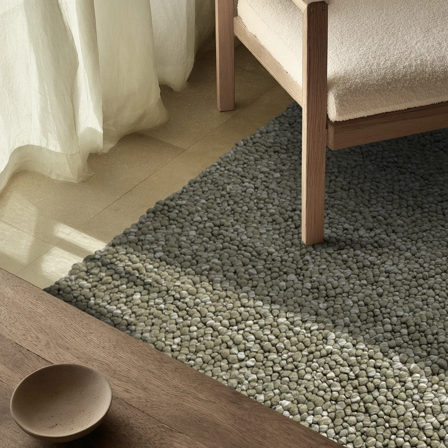 Tapete de lã - Sala Irregular Wool Bubble (verde musgo/mescla branca)