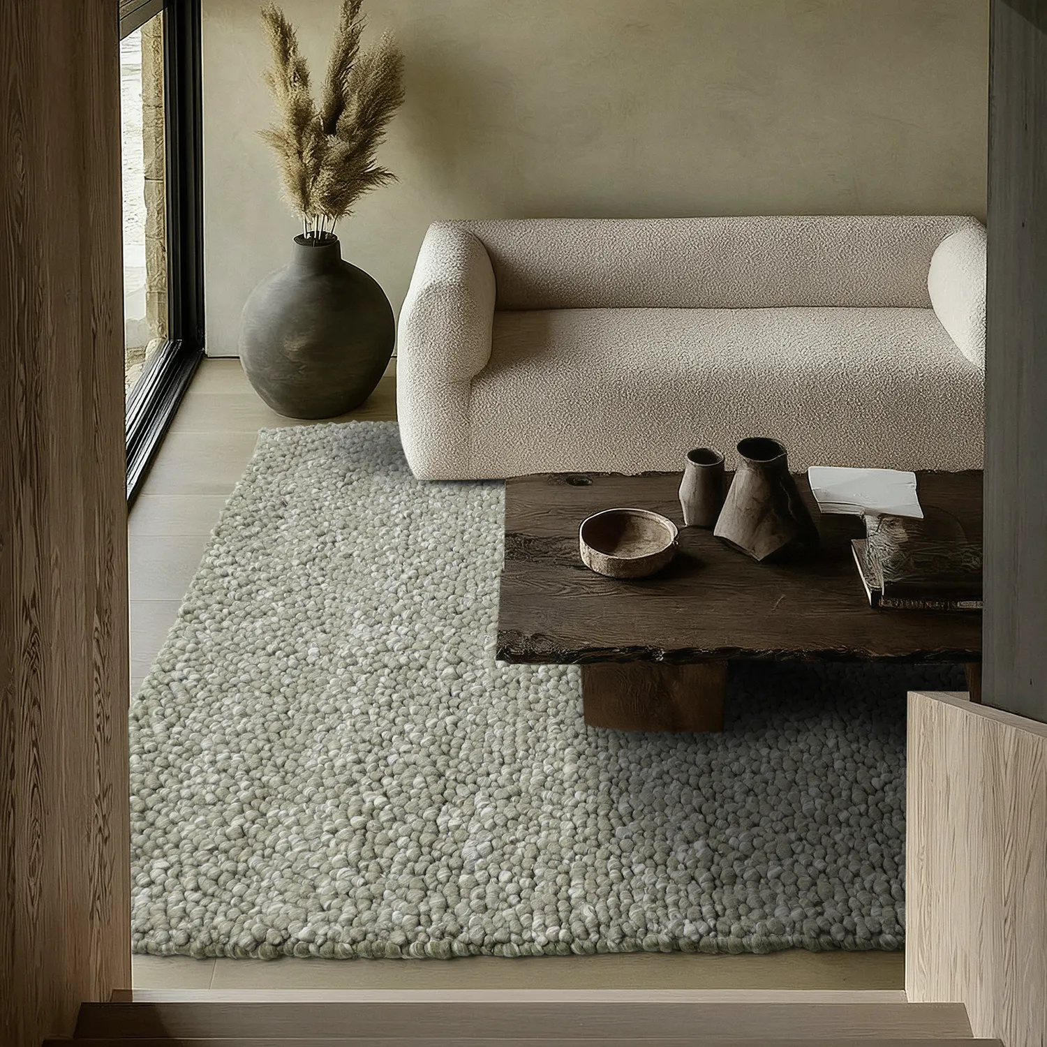 Tapete de lã - Sala Irregular Wool Bubble (verde musgo/mescla branca)